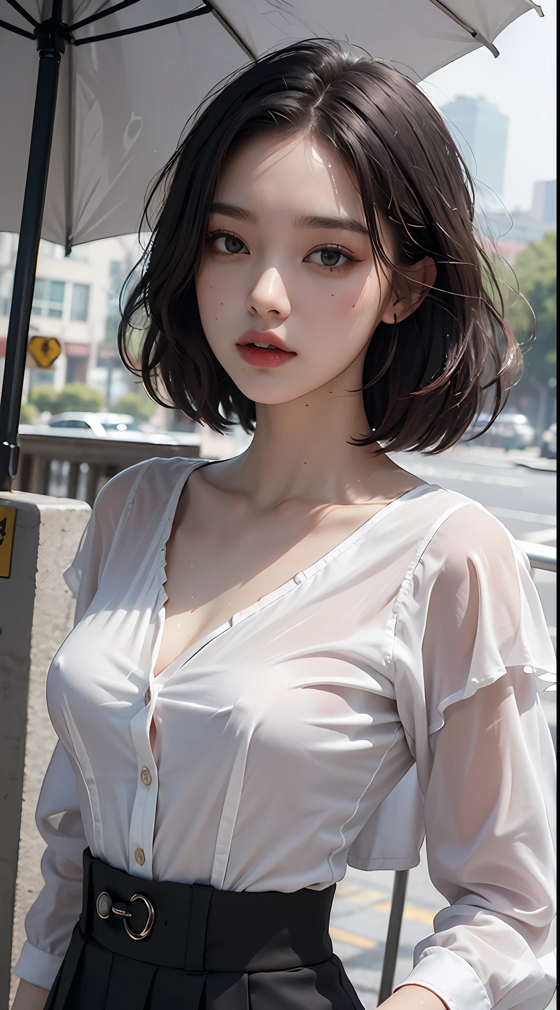 ((Best quality, 8k, Masterpiece: 1.3)), Sharp focus: 1.2, A beautiful woman with perfect body: 1.4, Slim abdomen: 1.2, ((Layered haircut, Large breasts: 1.2)), (no bra) (Small and beautiful hard nipple) (Thin and damp button up to shirt length: 1.1), (White shirt wet by rain), (Rain, Street: 1.2), Wet body: 1.1, Highly detailed face and skin texture, Detailed eyes, Double eyelid,