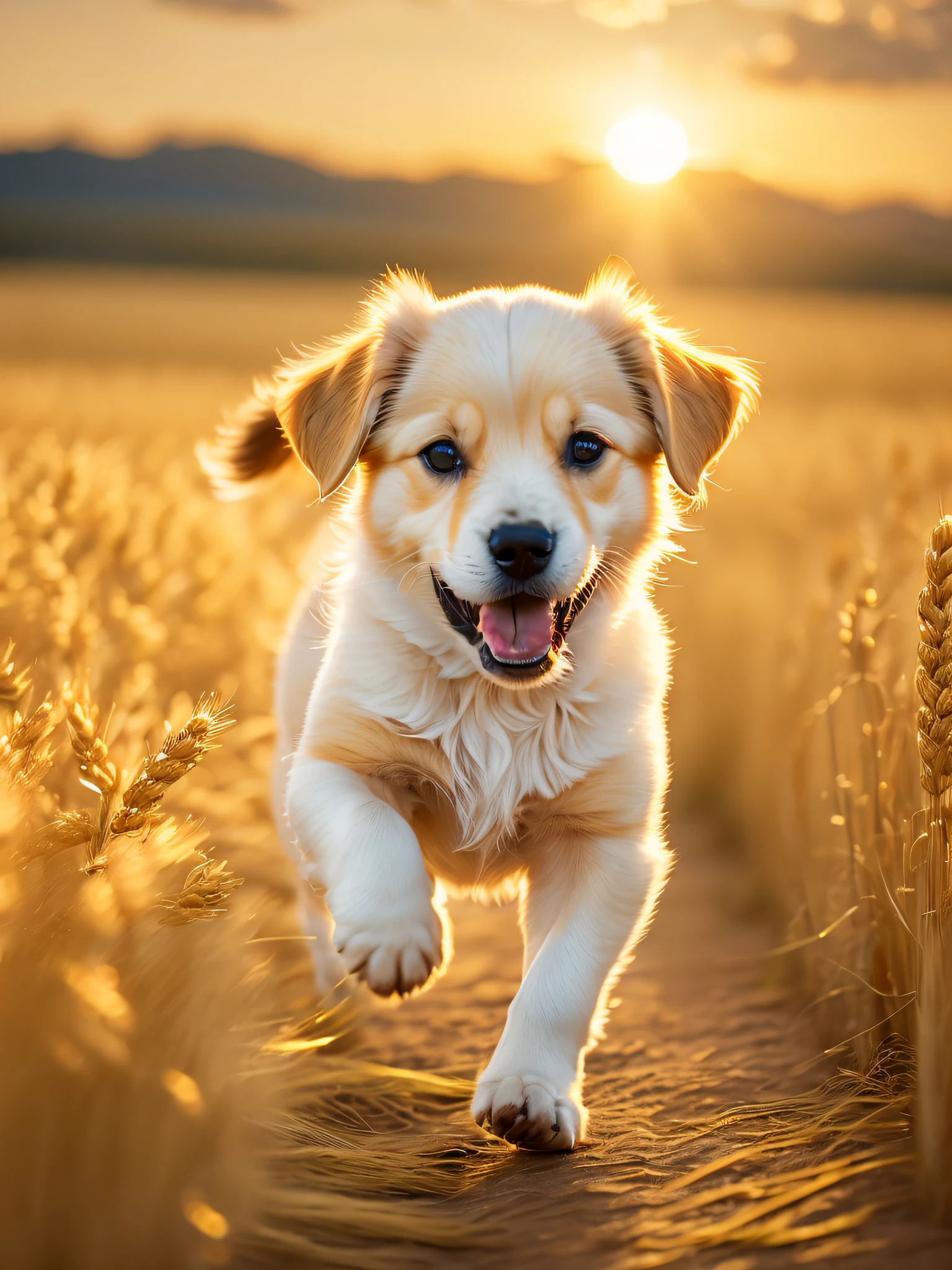 Photo of a very cute puppy running in a golden wheat field, facing the camera, showing his tongue and smiling, sunset sky, white clouds, soft volumetric light, (backlight: 1.3), (movie: 1.2), intricate details, (ArtStation: 1.3), Rutkowski