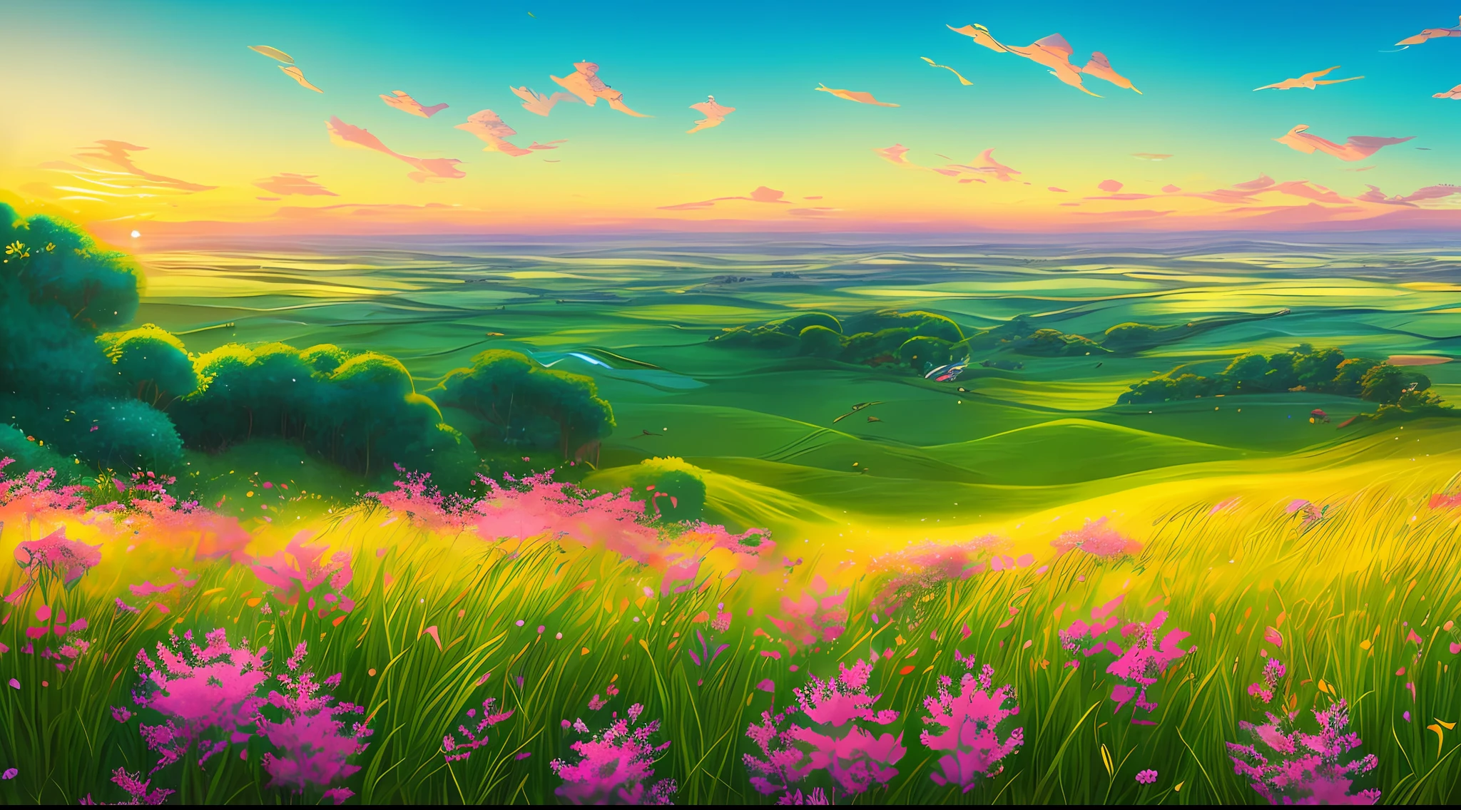 Original art quality, full body image, animation style of Disney characters, images of a vast field with verdant grass and colorful flowers. The camera slowly pans through the countryside, conveying a sense of freedom and renewal