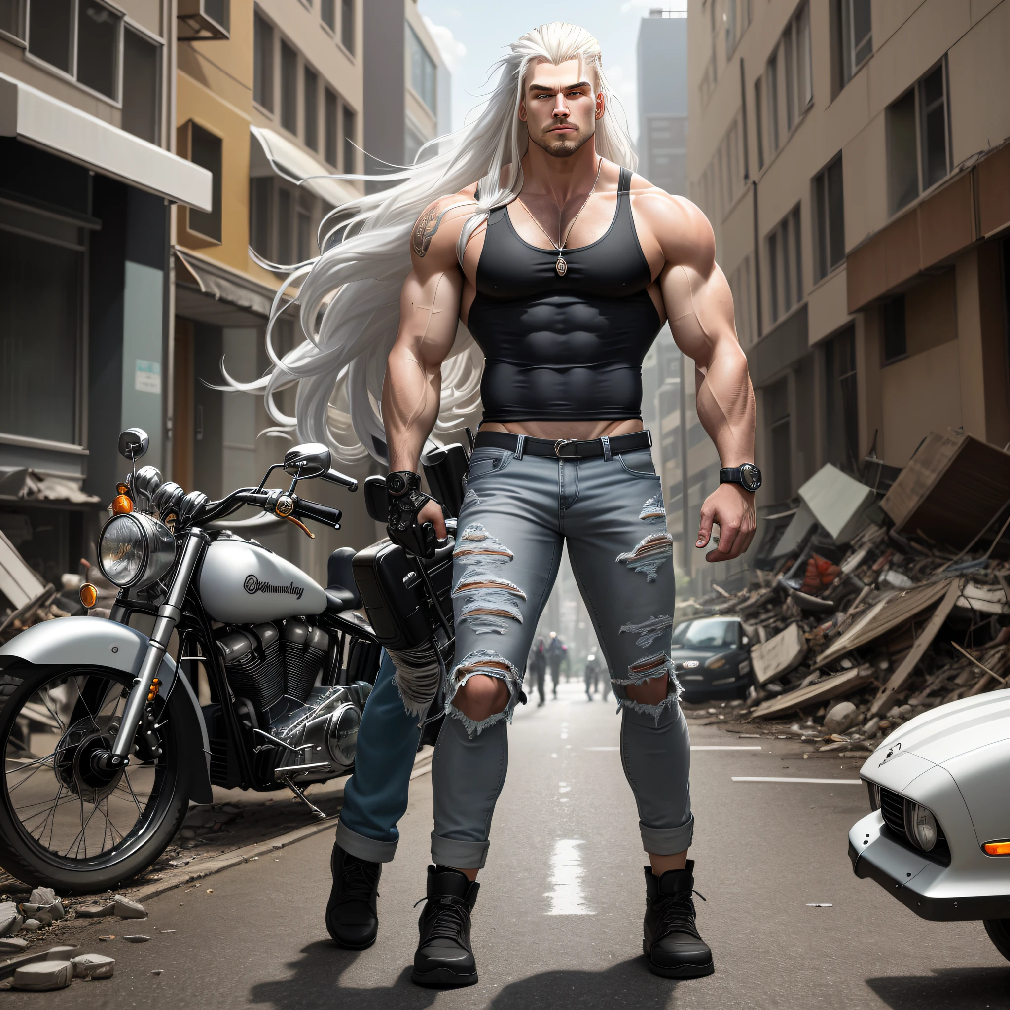 1.90 cm full-bodied man very muscular with long white hair up to the knees and causes ripped jeans gray and left yellow right eye with white pear on the body and tank top with a denim jacket regatta and with a custom harley davidson motorcycle behind him and a large sword that is stuck on the ground behind him and the senary of a destroyed city put the apocalyptic and very undergrowth behind and pears sides