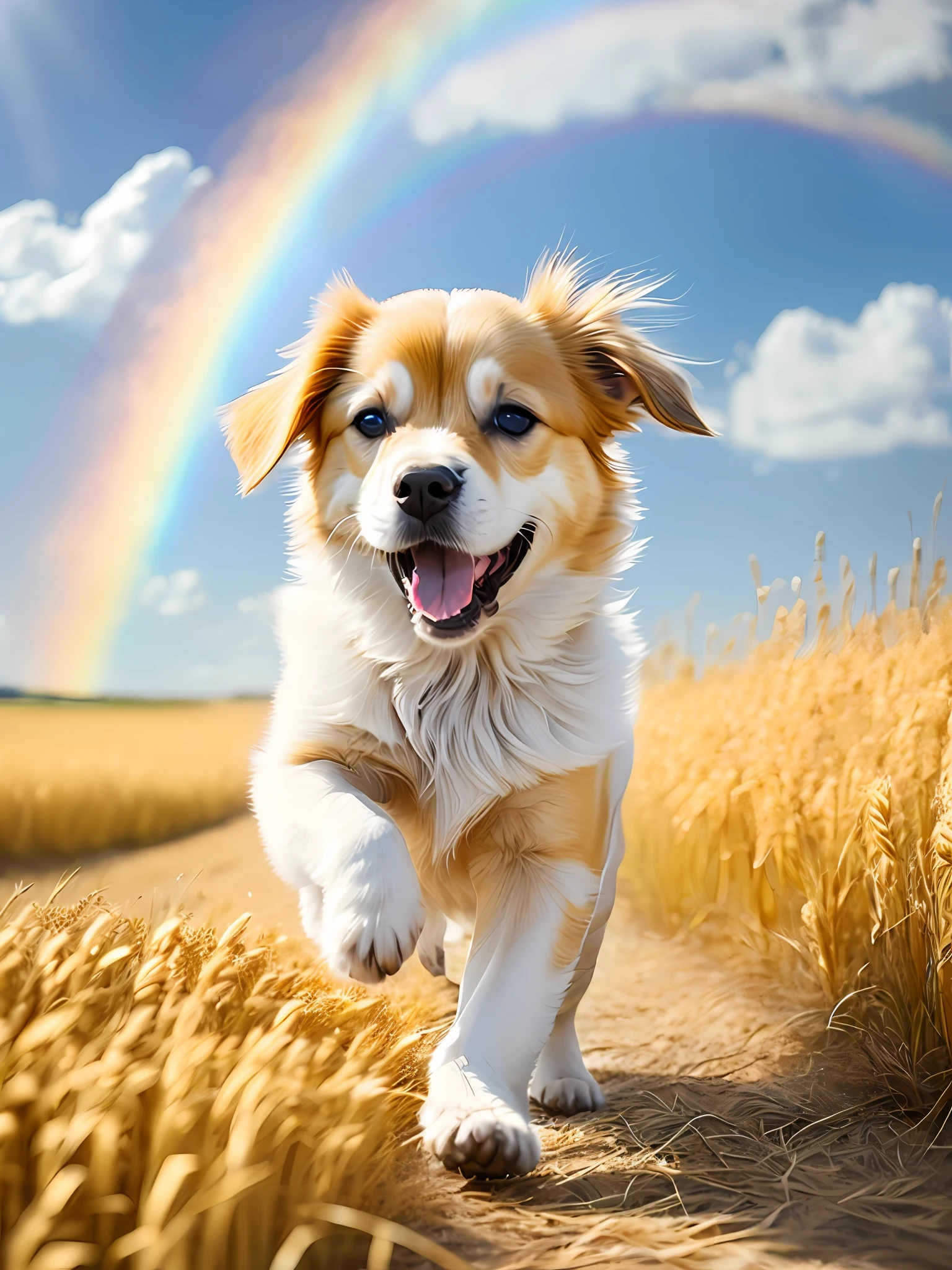 Photo of a very cute puppy running in a golden wheat field, facing the camera, showing his tongue and smiling, blue sky, white clouds, soft volumetric light, with a rainbow, (backlight: 1.3), (movie: 1.2), intricate details, (ArtStation: 1.3), Rutkowski
