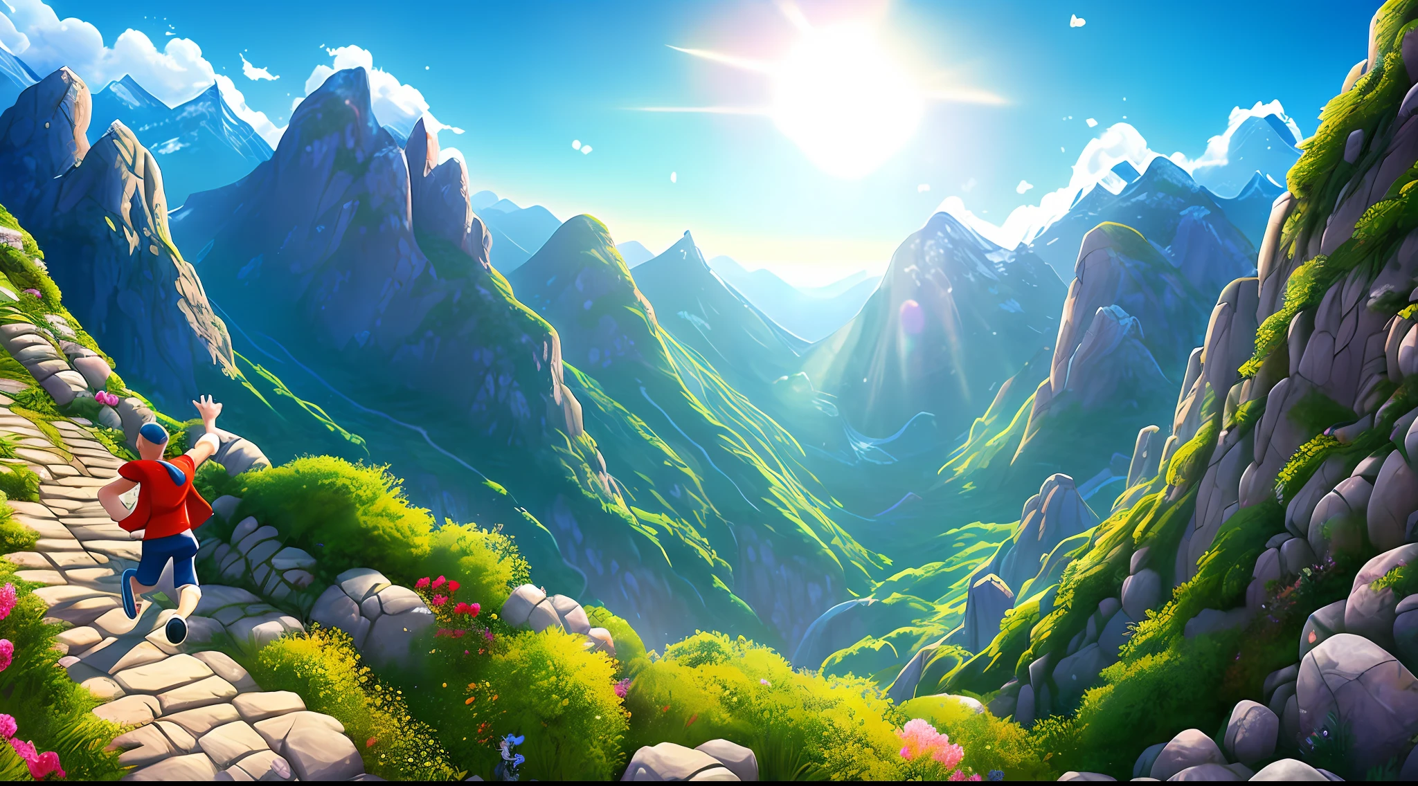 Original art quality, full body image, Disney character animation style, A scene with a person running towards a steep mountain. As the person climbs, the camera captures their determination and effort, symbolizing perseverance and overcoming obstacles. Upon reaching the top, the protagonist raises his arms in thanks, revealing a breathtaking panoramic view.