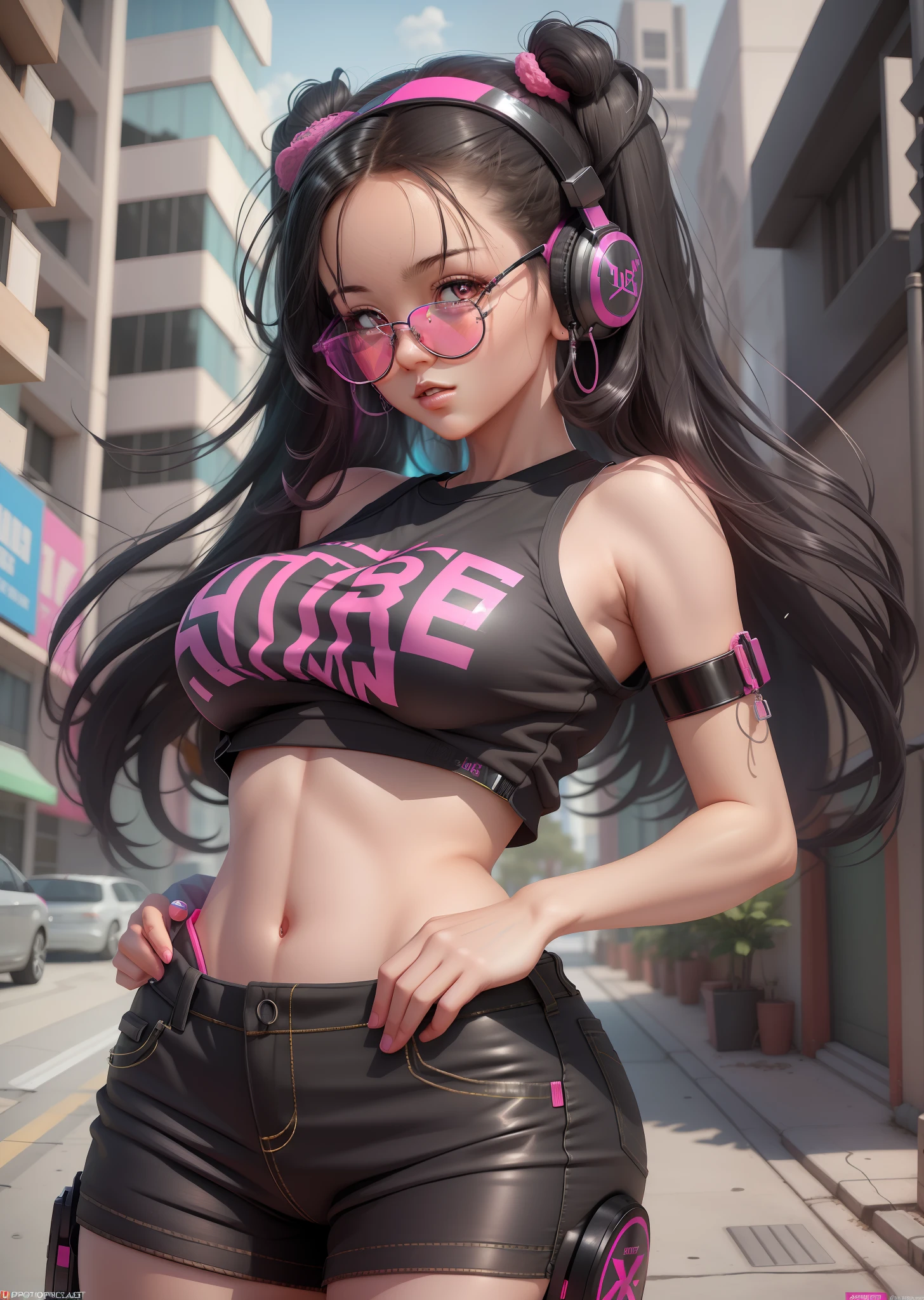 girl with stunning 3D resolution 12K character in [gritty Hip Hop] style, big breasts, pink top, headphones, big dark glasses, long black hair, chibi in detailed (full body), highly detailed, bright, ultra high quality, Hyperrealism, Photorealism, [octane render].