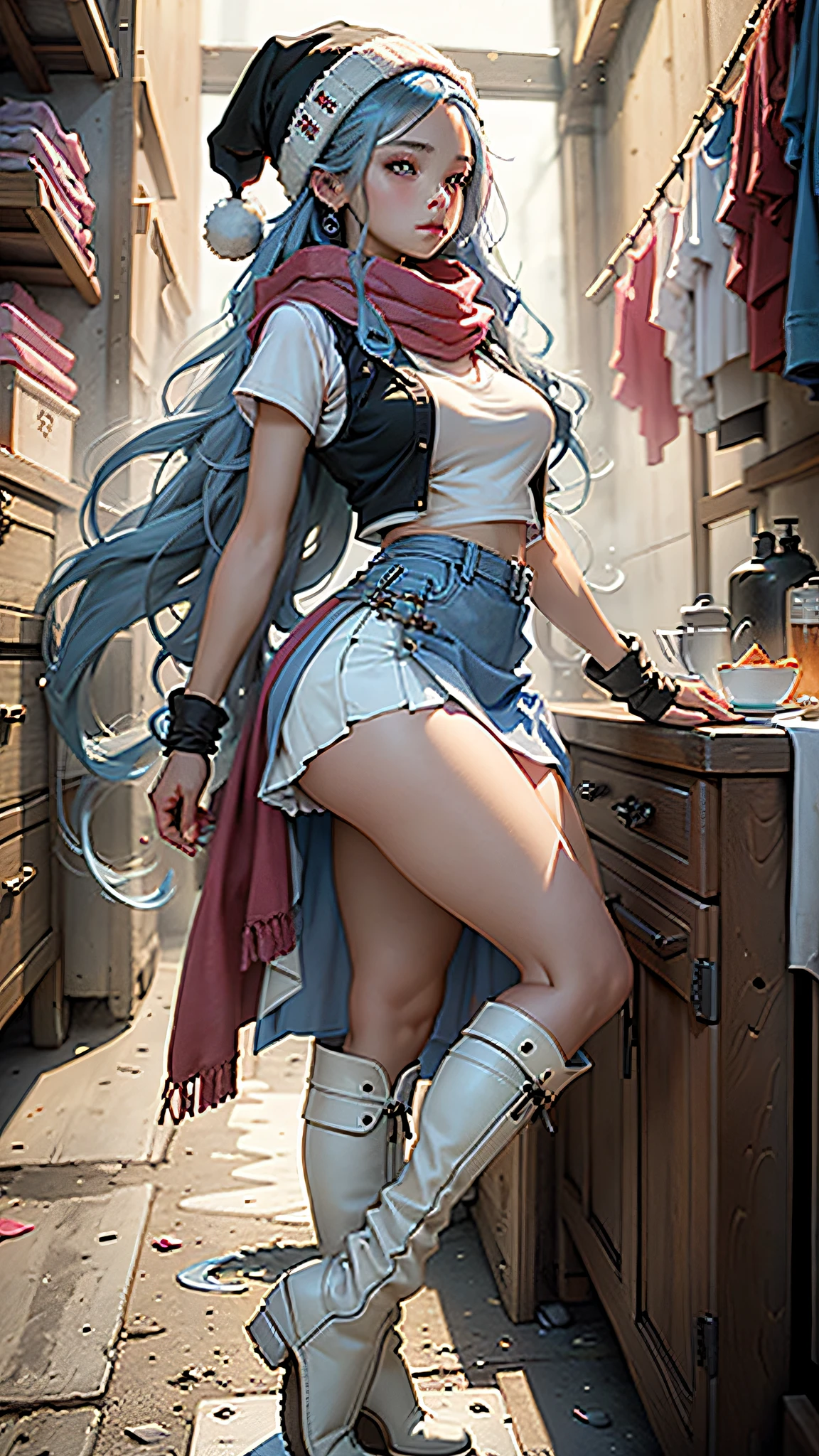 (masterpiece, best quality), beautiful woman, long hair, blue hair, white T-shirt, black vest, pink skirt, red scarf, white winter hat, pink riding boots, black stockings,