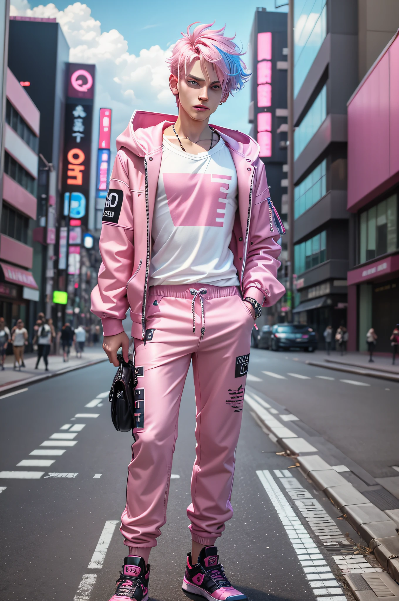 3d, 1boy, looking at viewer, street fashion, cute, pink clothing, tongue out, tokyo, neons, blue eyes, mullet, finger rings, detailed clothing, 8k, best defention