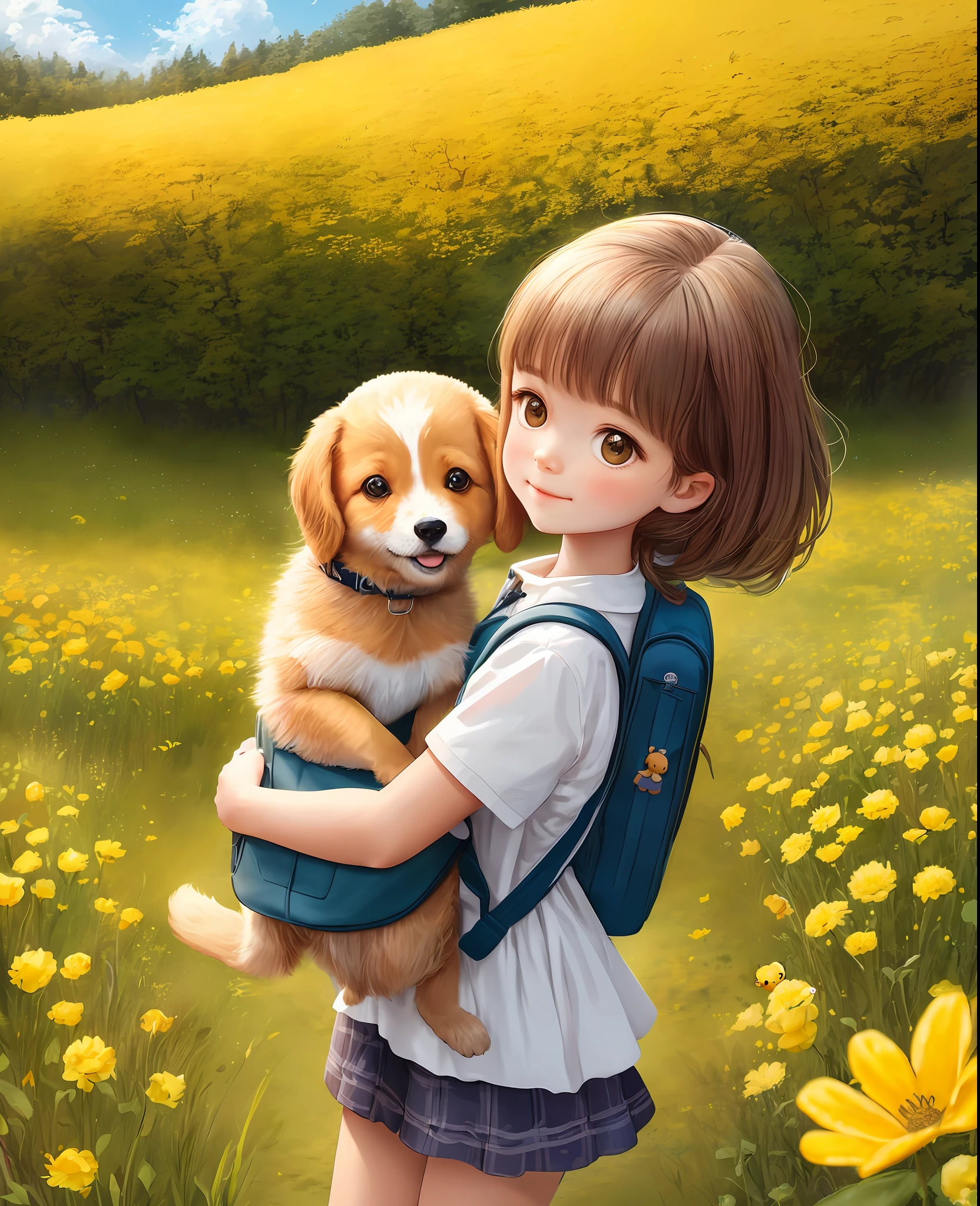 Tip: A very charming little girl with a backpack and her cute puppy enjoying a lovely spring outing surrounded by beautiful yellow flowers and nature. The illustration is a high-definition illustration in 4k resolution, featuring highly detailed facial features and cartoon-style visuals.