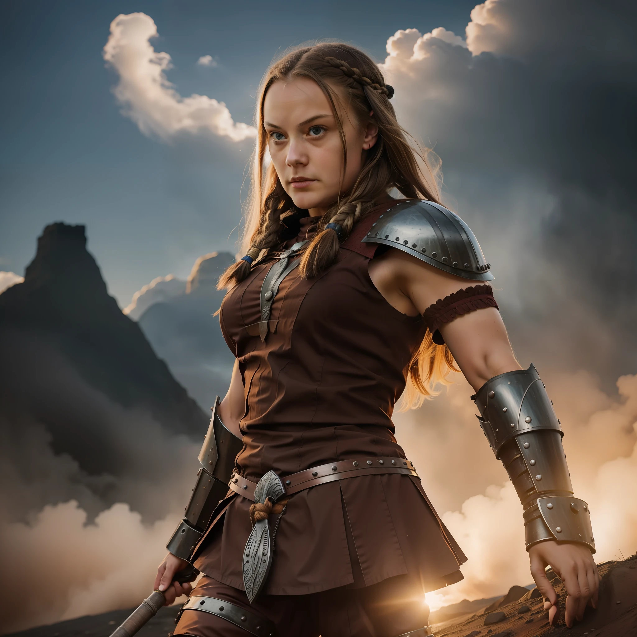Greta Thunberg in Viking warrior clothing fighting a robot