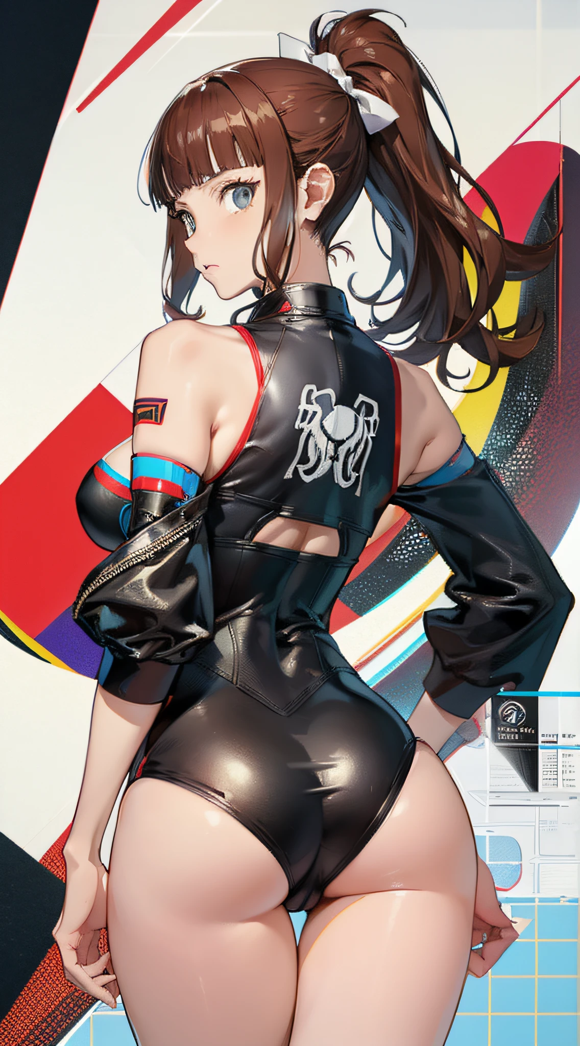 Persona 5 Art Style wlop, Persona 5 Art Style, Persona 5 Style, Kasumi Yoshizawa, Girl in Swimsuit, Full Length Image, High Image Quality, Ponytail, Small Breasts, Bangs, Smooth Thighs, Patsun, Top Quality, Ultra High Definition, Fine Eyes, Slender Legs, Fine Beautiful Eyes, 8K, White Bikini, Huge Ass