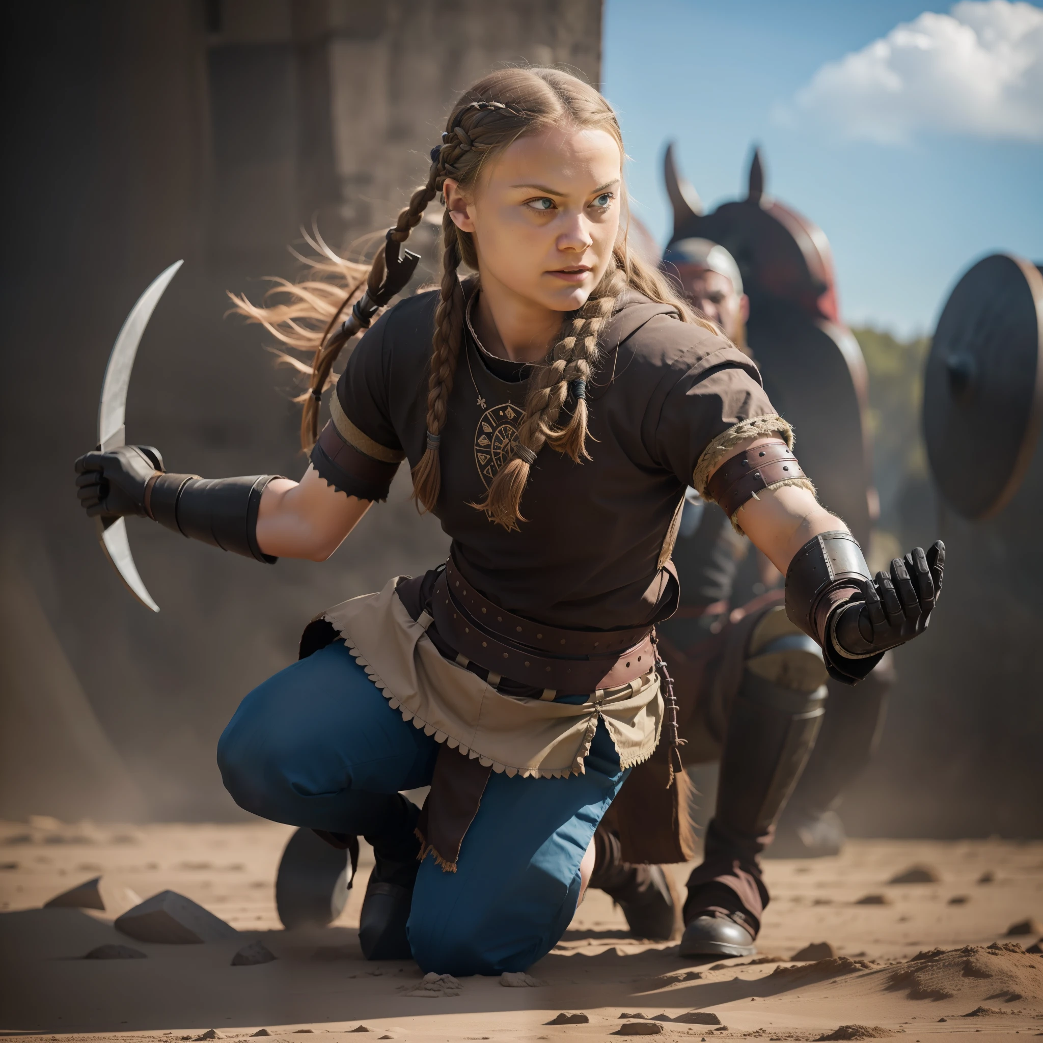 Greta Thunberg in Viking warrior clothing fighting a robot