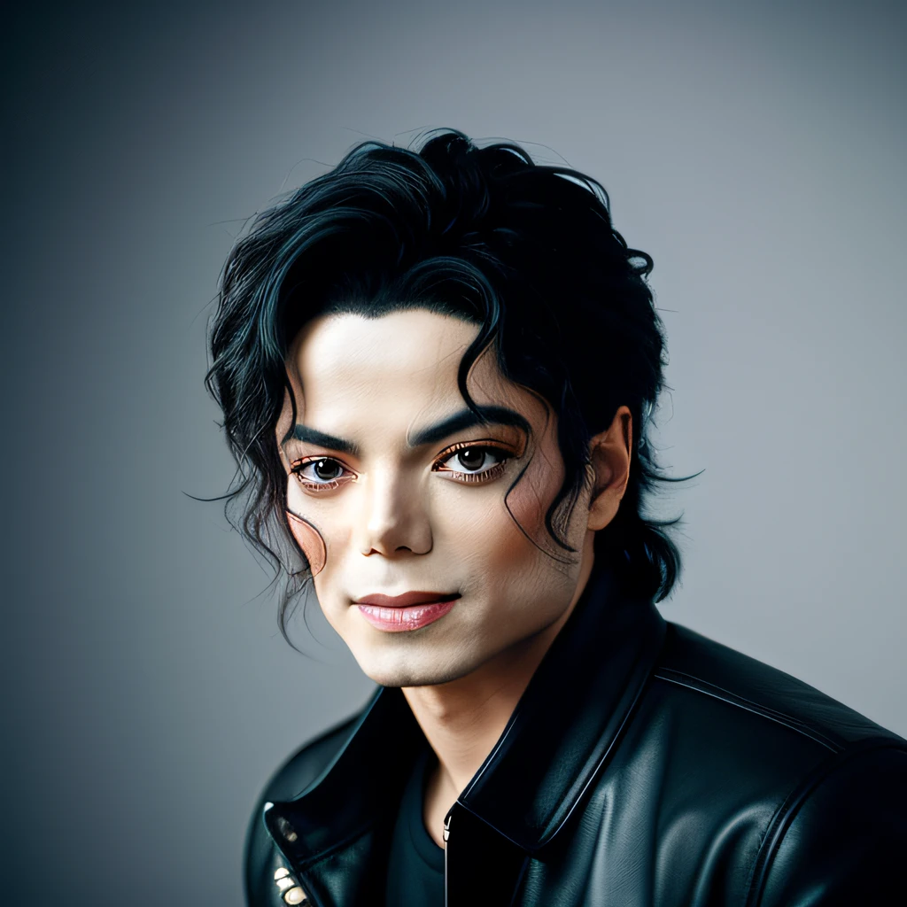Michael Jackson, with stage lights, raw analog style, captivating eyes, captivating expressions. The background should be neutral and simple, paying close attention to details such as the highlights and shadows on his face and hair to create a realistic and realistic image. Experiment with different lighting techniques to enhance the mood and mood of your portraits. highly detailed skin, skin detail, sharp focus, volumetric fog, 8k uhd, dslr, high quality, film grain, fujifilm xt3