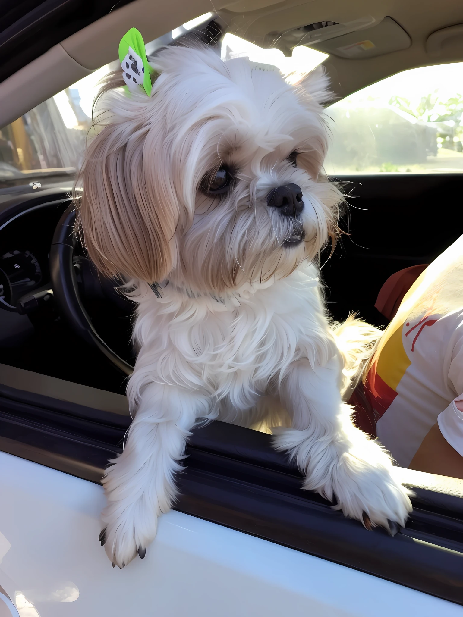 araffe dog sitting in the passenger seat of a car looking out the window, shih tzu, sitting in her car, looking heckin cool and stylish, bella, miko, paws on steering wheel, enjoying the wind, pretty girl, dog watching the car, sparkling in the sunlight, looking off to the side, paws on wheel, looking confused, iphone photo --auto --s2