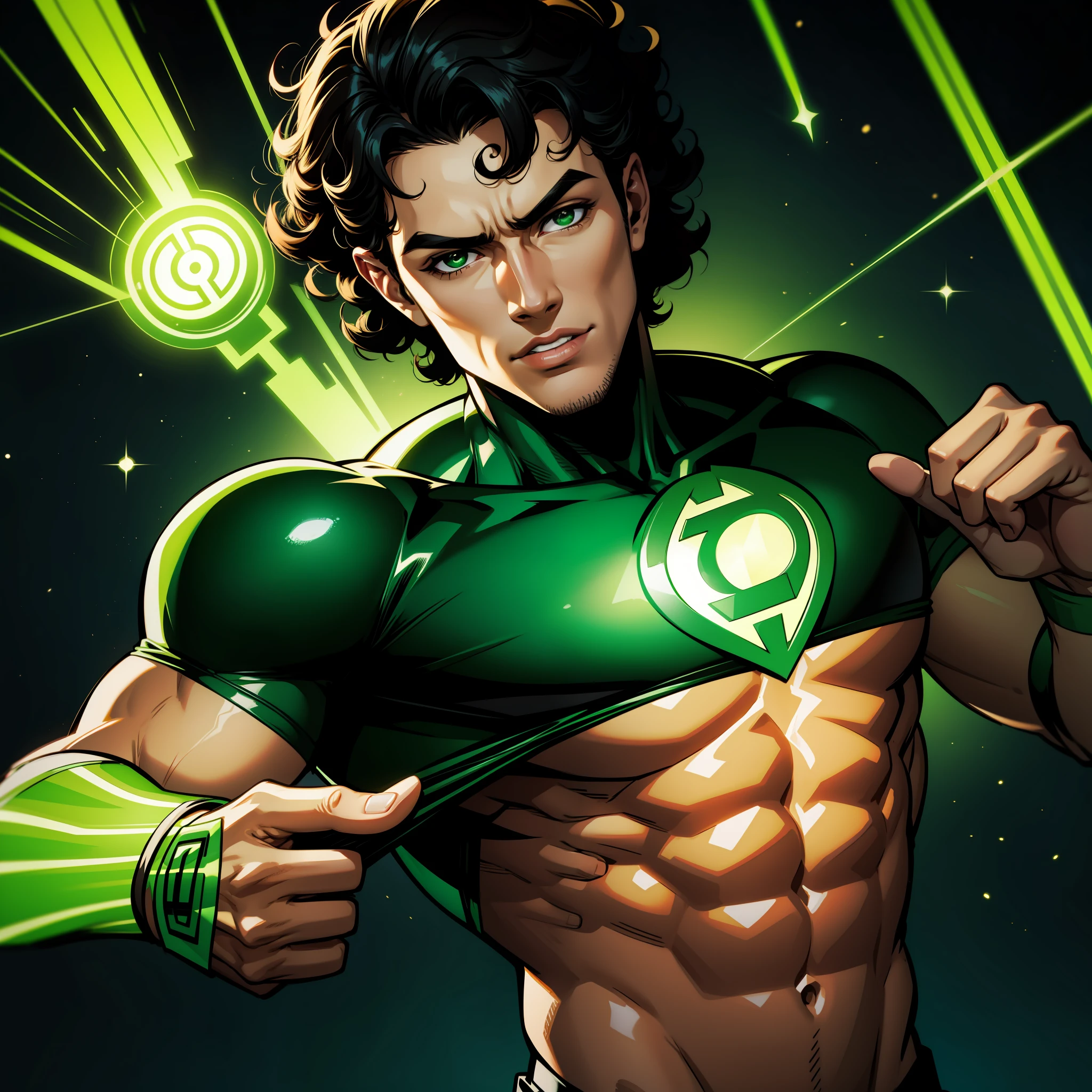 brunette man with curly black hair like green lantern vibrant colors 8k