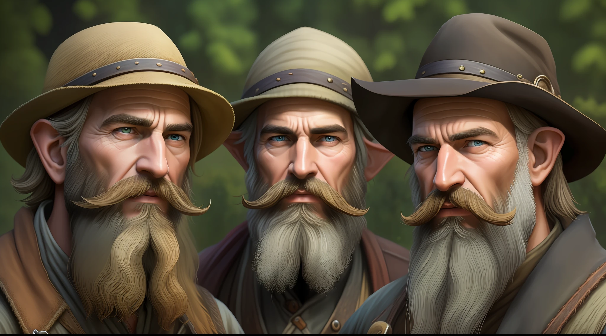 an old farmer with a long beard and two young sons with a bushy beard, working on his farm near a realistic village, grandiose, real colors and in the time of rustic house and goth handsome male elf, closeup character portrait, trendin at artstation, character art portrait, closeup character portrait