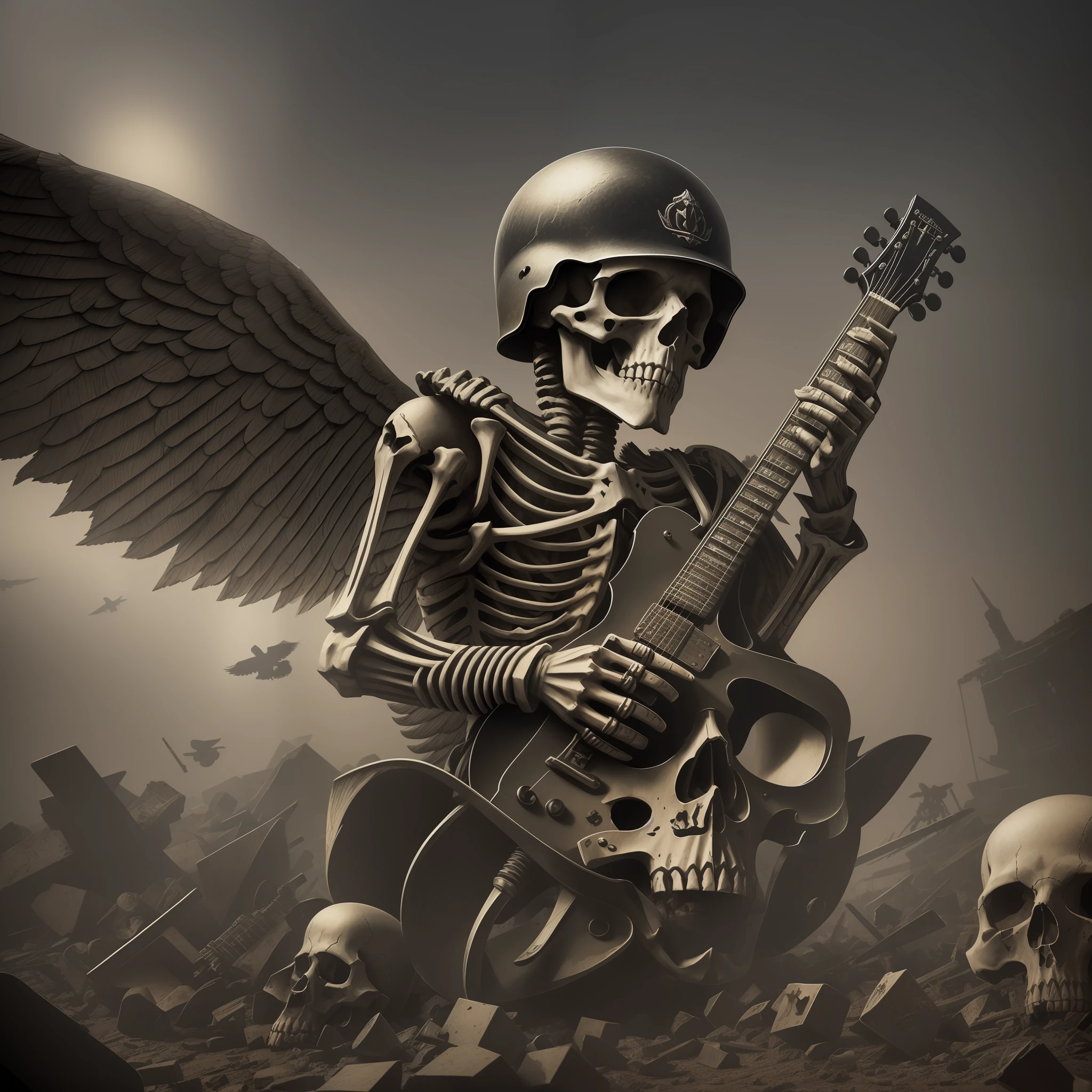 imagine skeleton in rock clothes, with wings, WWII helmet, playing black Gibson guitar, on top of a pile of human bones and skulls, dark environment, ultra detailed image, textures, reflections, lights, depth, high definition image, realistic image, cinematic scene