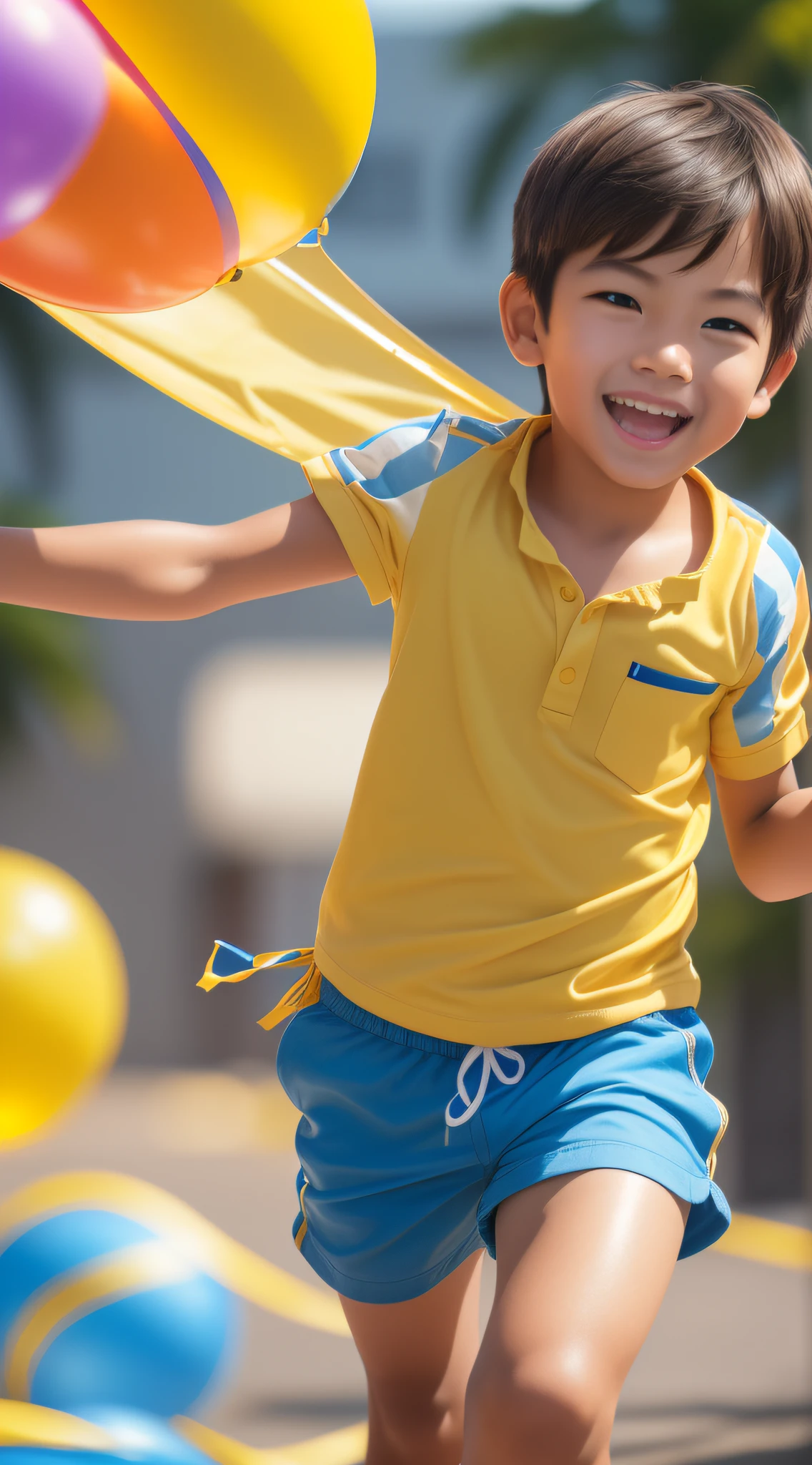 Boy, happy and smile, running and holding the floating Birthday Balloon's yellow ribbon, full body, solo, child, brown hair, blue shirt, yellow shorts, blue hawaii sandal, (photo shoot from down to up), worm view, low angle shot, perfect quality, high contrast, clear focus, (in the picture ratio 1:2), (Masterpiece: 1.2) (Realistic: 1.2) (Bokeh) (Best quality) (Detailed skin: 1.3) (Intricate details) (8K) (Detail eyes) (Sharp focus), (Happy), ((masterpiece, best quality)), (complex light)