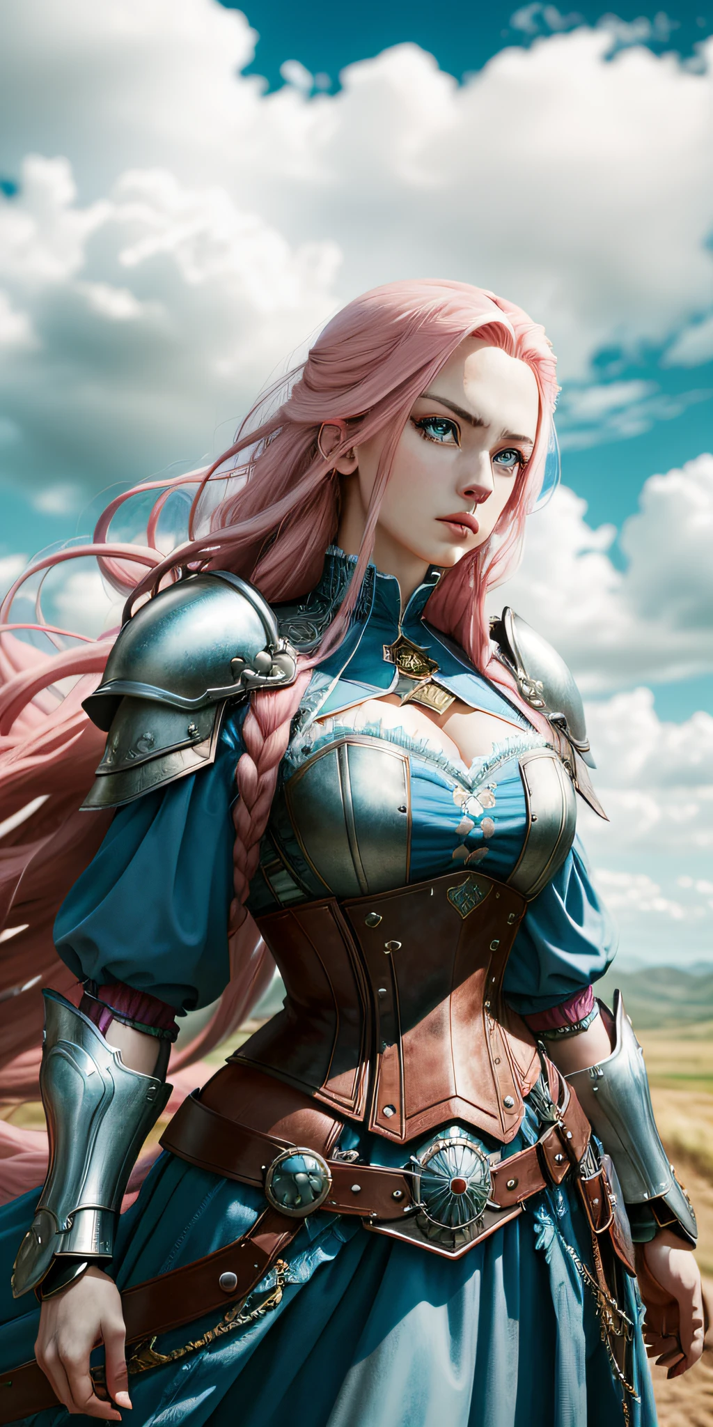 female warrior, long pink hair, blue eyes, dynamic pose, wearing Victorian-era armor, ((background: a sky full of clouds))