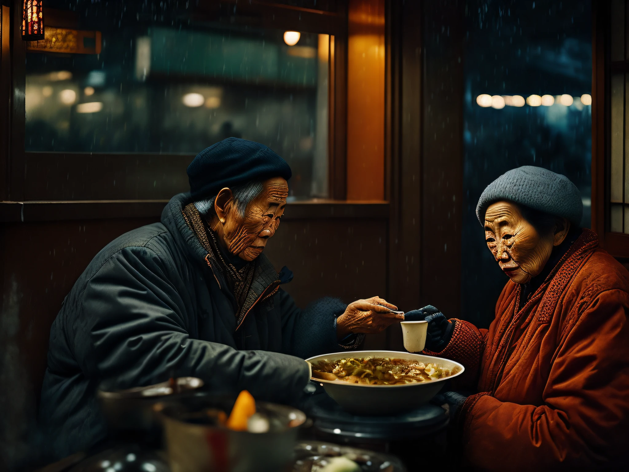 A very old chinese couple eating noodles soup in a chinese restaurant on a very cold day while it's raining heavily outside on a busy street in tokyo, it can be seen that the chief cooks



mood photo journalism unposed urban photography, ultra detailed, film photography, cold tone, sharp focus, ultra detailed skin, professional color grading, raw photo, cinematography, vibrant details, ultra quality, (photo-realistic:1.37), masterpiece, Canon EOS 5D Mark IV and fujifilm Superia X - TRA 400 film