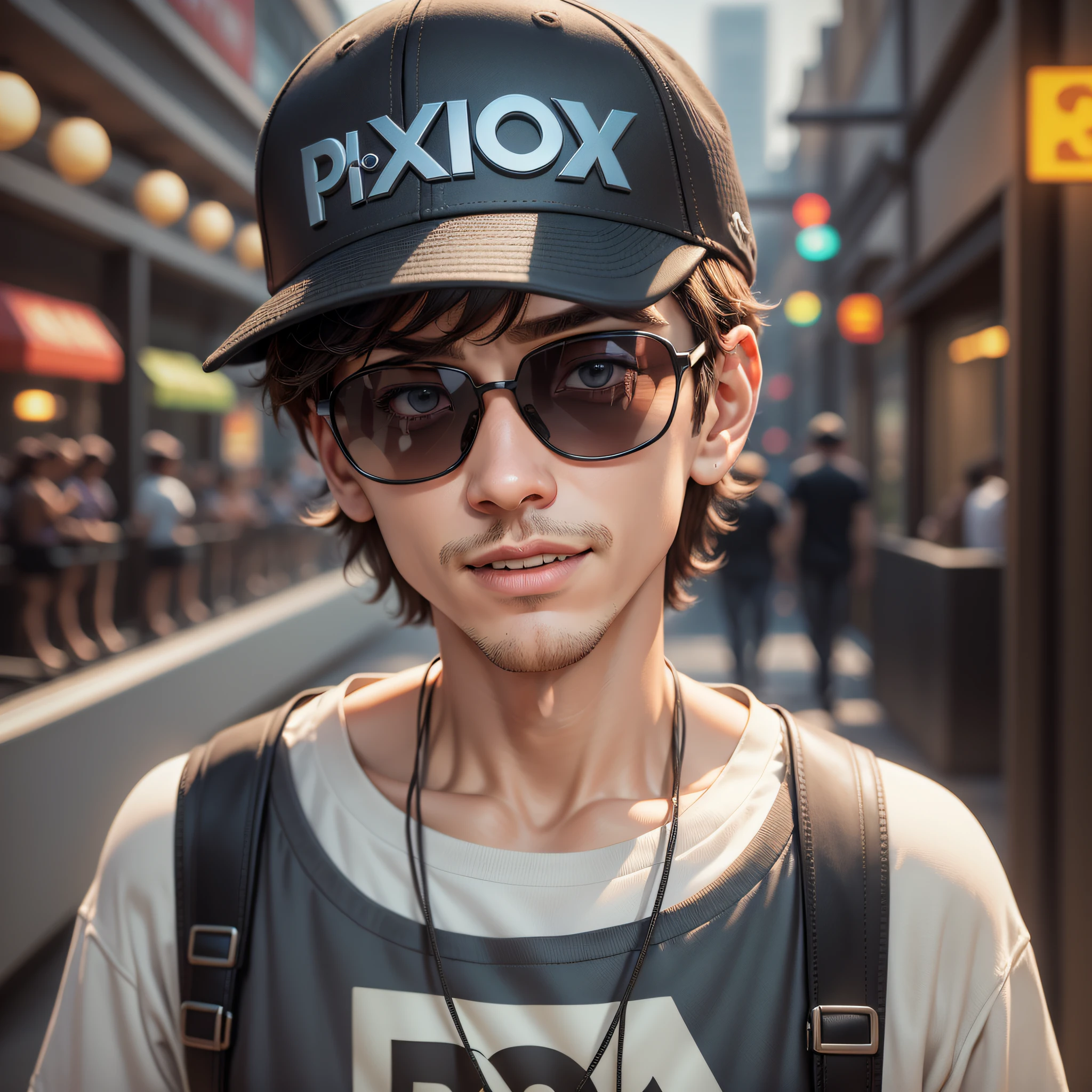 (Pixar 1.23 style) 1 Comedian ((upper body front, bust shot)), solo, funny man, brunette, short haircut, comical expression, neat casual clothes, black sunglasses, hat, korean, indoor, ((masterpiece, highest quality)), (composite lighting)