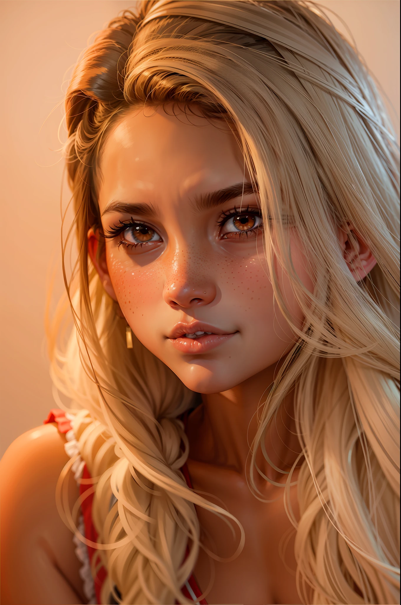 18 year old Mexican girl,(normal eyes 16k),Hair pigtails with bangs, detailed skin with freckles to cheek,small mouth fleshy lips,8k max resolution