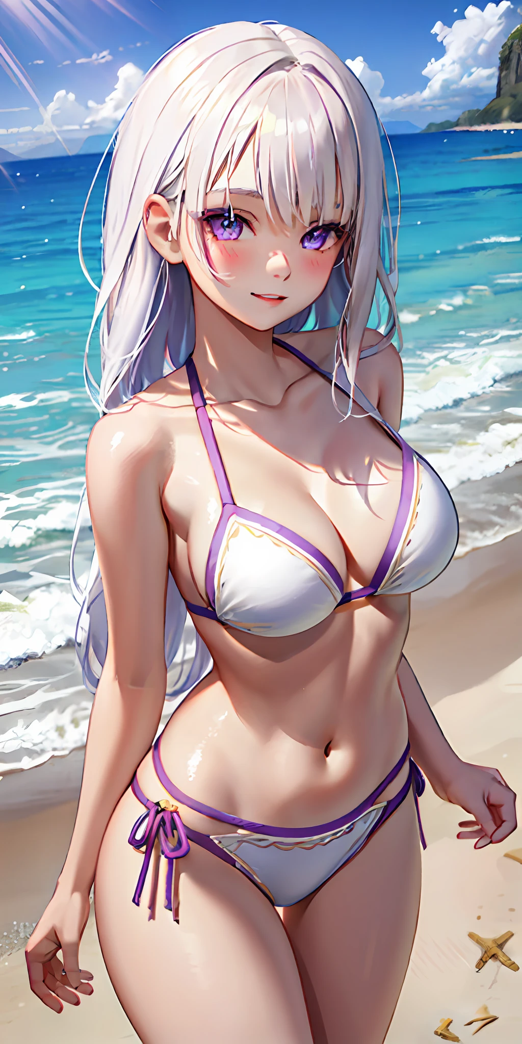 1girl, white hair, purple eyes, parted lips, blush, makeup, light smile, bikini, beach, light rays, glow, thighs, collarbone, narrow waist, (masterpiece), wallpaper,