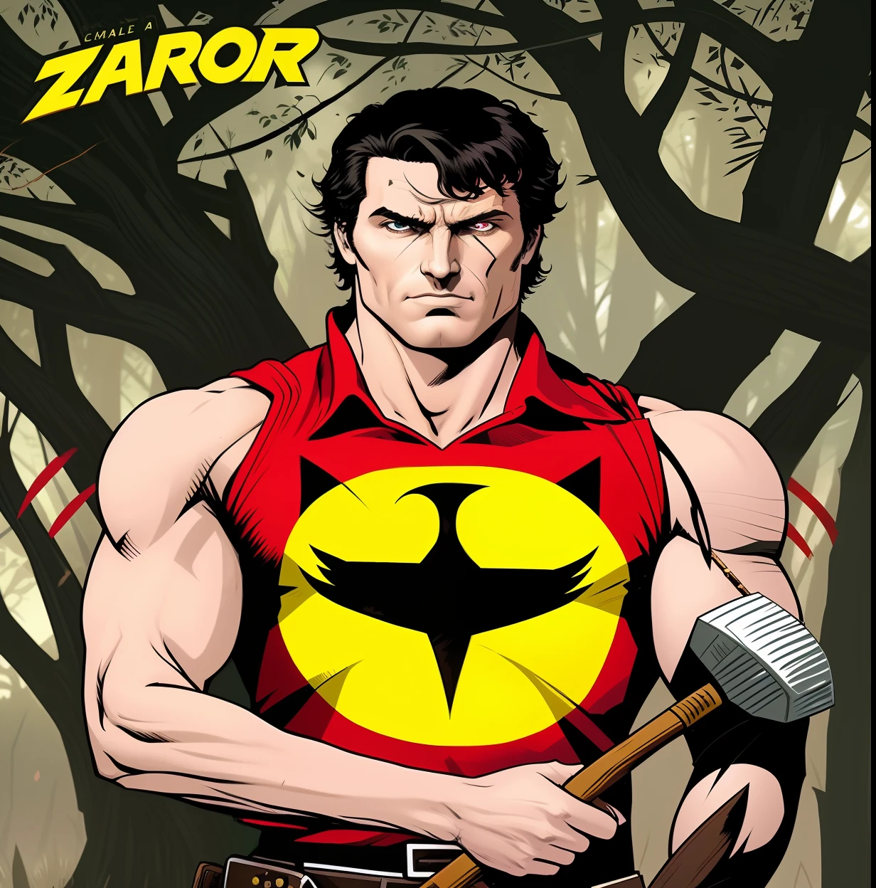 a close up of a person holding a hammer near a tree, robin, serious sam as smash characters, damian kryzwonos, valiant, textless, archer, butcher billy, john redcorn, inspired by Neal Adams, neal adams | portrait, valiant comics, gooseman, rambo, neal adams | centered, butcher billy style, charles burns, cliff chiang