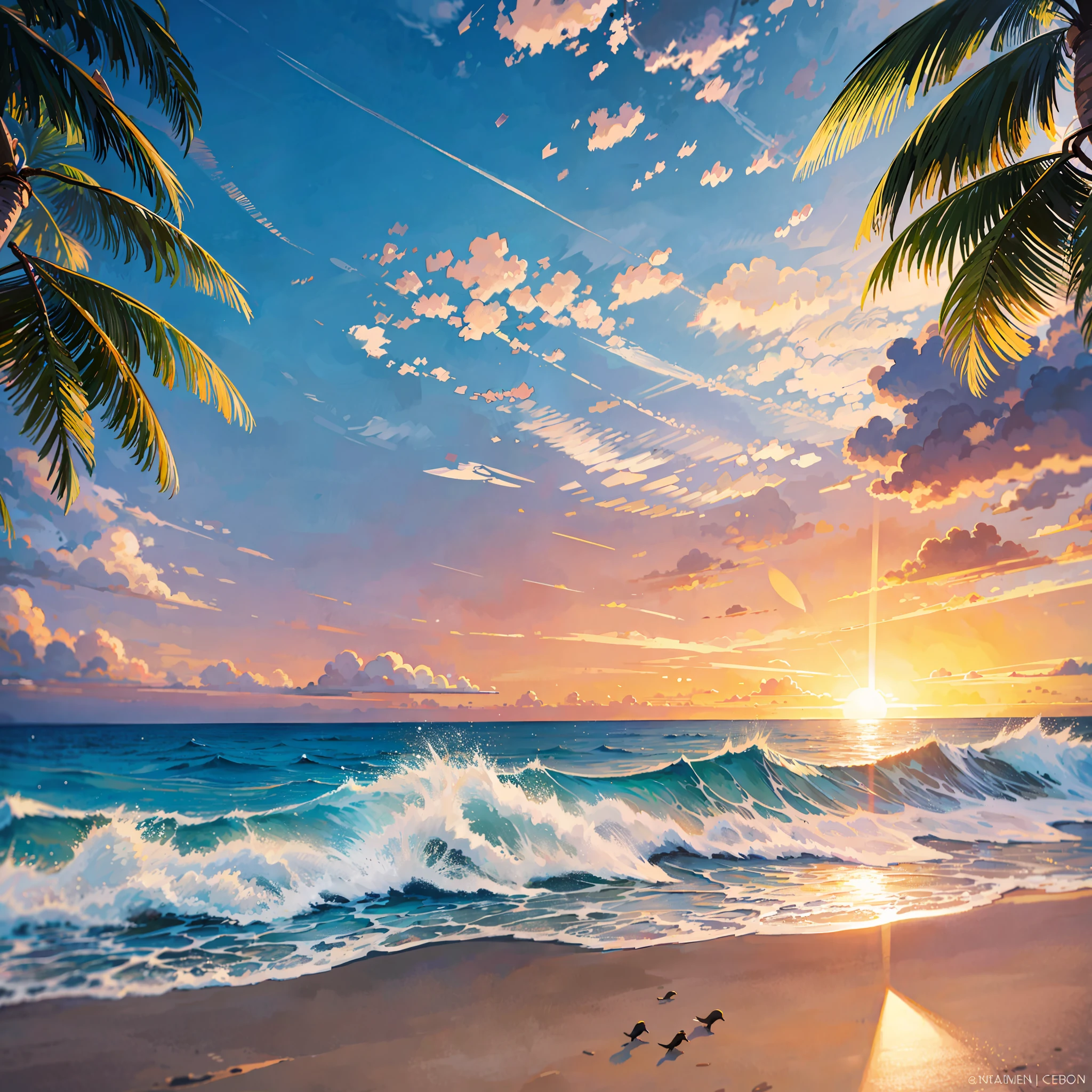 sunset, on the beach, with coconut trees, with birds flying, ultra realistic image, 8k, sea water with light waves --auto --s2