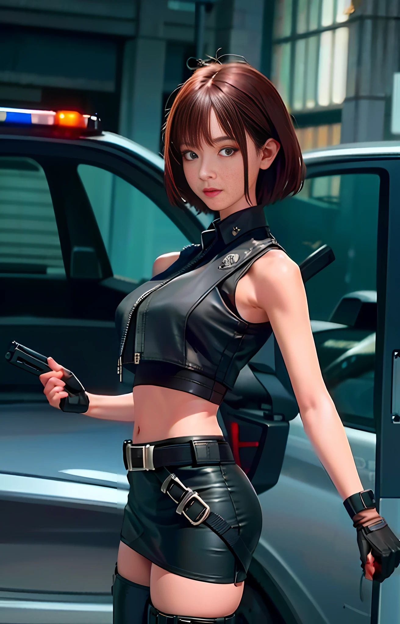 An official art, extremely detailed CG Unity 8k wallpaper, best quality, masterpiece, high resolution, beautiful girl cop on mission, short hair, black crop top vest, brown belt, holster on thigh, tactical gloves, black miniskirt, police uniform style, black long tube flat boots.