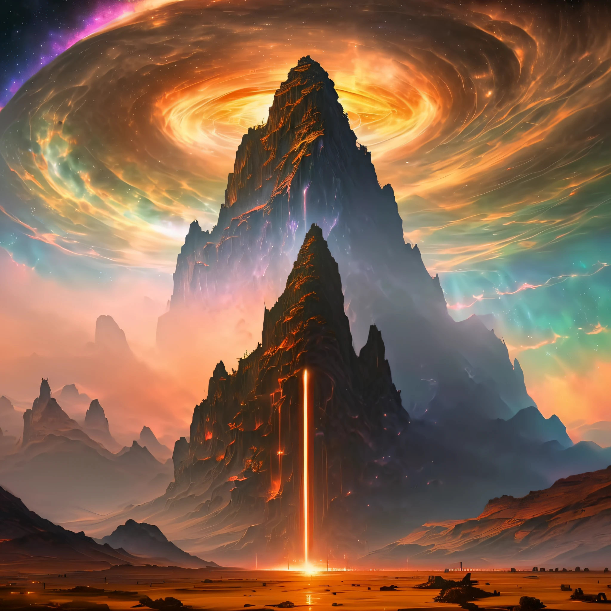 painting of a mountain with a spiral vortex in the sky, epic dreamlike fantasy landscape, epic fantasy sci fi illustration, 4k highly detailed digital art, impressive fantasy landscape, symmetrical fantasy landscape, 8k stunning artwork, high fantasy landscape, epic surrealism 8k oil painting, paul lehr and beeple, arstation and beeple highly