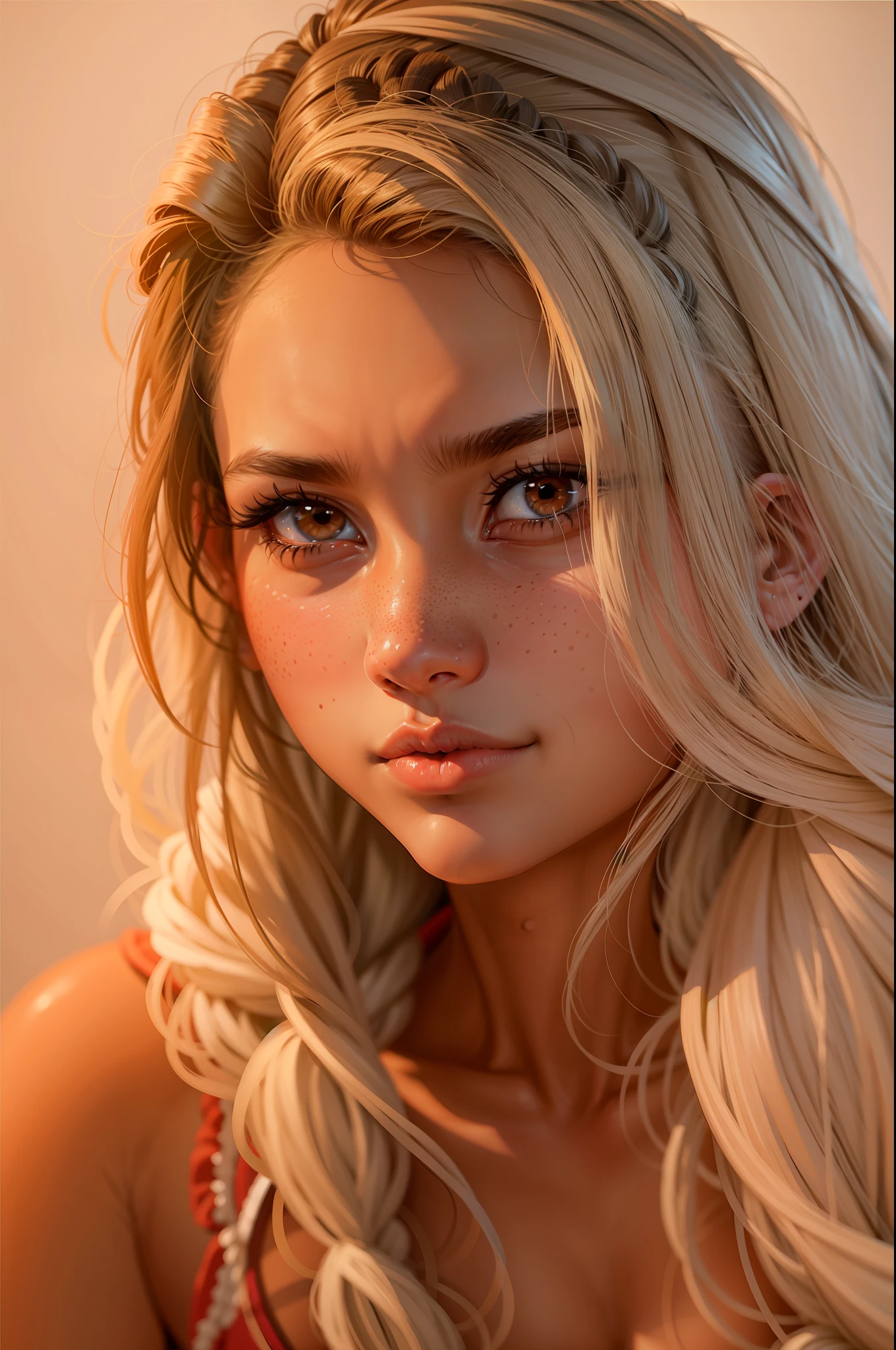 18 year old Mexican girl,(normal eyes 16k),Hair pigtails with bangs, detailed skin with freckles to cheek,small mouth fleshy lips,8k max resolution