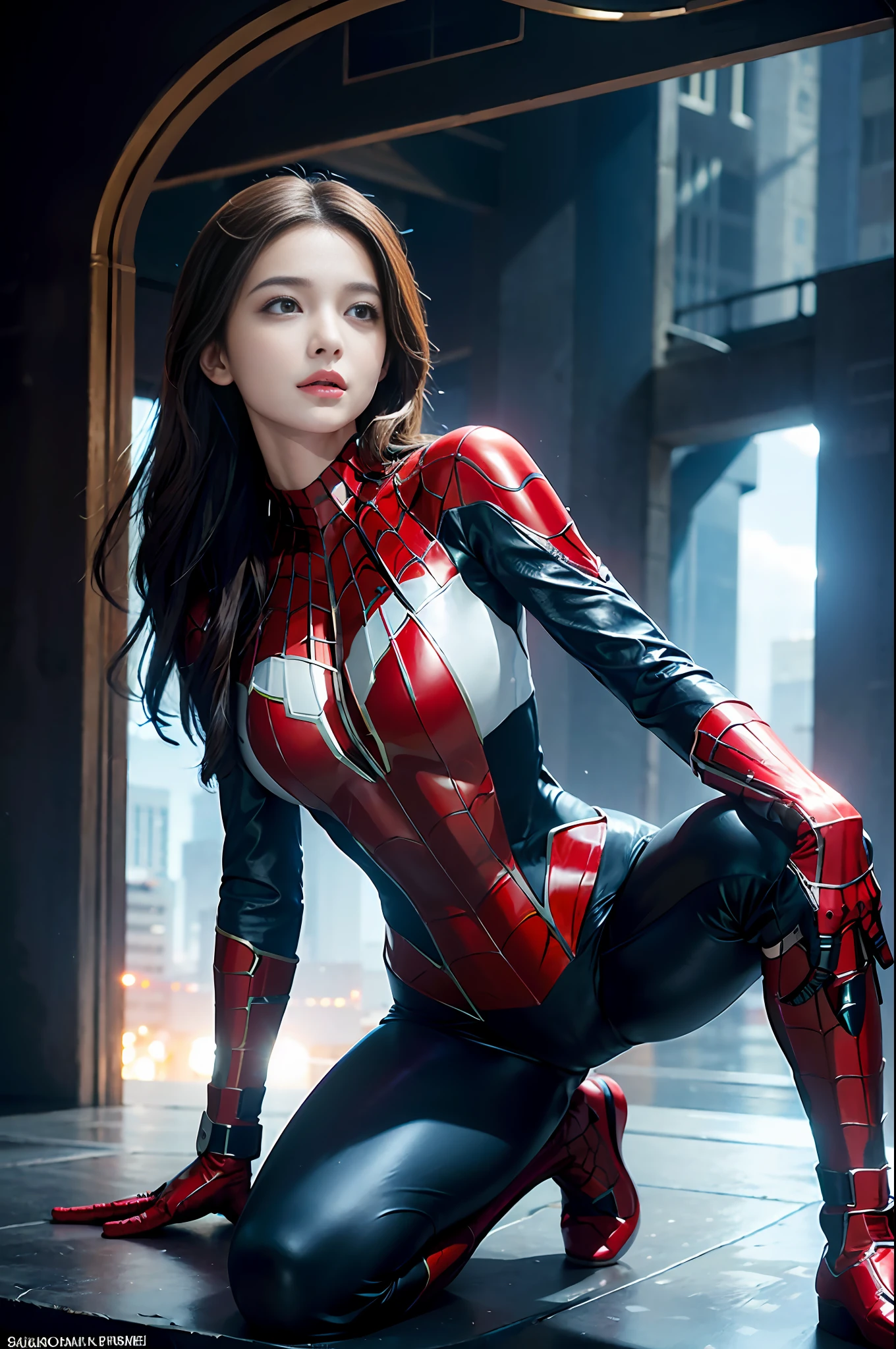 RAW, Masterpiece, Super Fine Photo,, Best Quality, Ultra High Resolution, Photorealistic, Sunlight, Full Body Portrait, Stunningly Beautiful, Dynamic Poses, Delicate Face, Vibrant Eyes, (Side View) , she is wearing a futuristic Iron Lady Spiderman costume, very detailed background, detailed face, detailed and complex busy background, messy, gorgeous, milky, high detailed skin, realistic skin details, visible pores, sharp focus, Volumetric fog, 8k uhd, dslr, high quality, film grain, fair skin, photorealism, lomography, sprawling metropolis in a futuristic dystopia, view from below, translucent