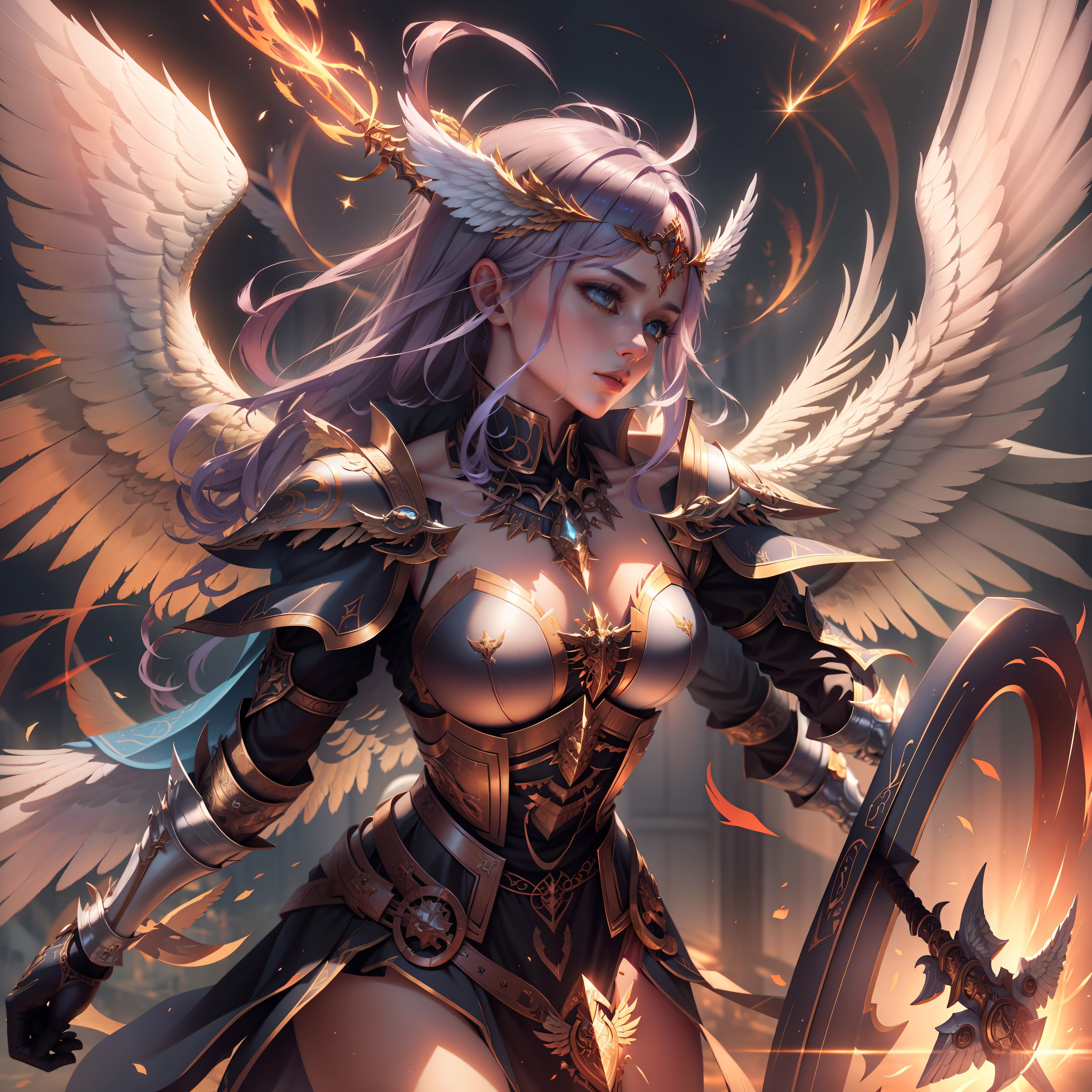 Create an image of an archangel with four large wings who is leading an army of angels to fight the forces of evil in an epic battle. He has a flaming sword in one hand and a shield in the other, and his face is determined and courageous. UHD, high details, super detail, best quality, 8k