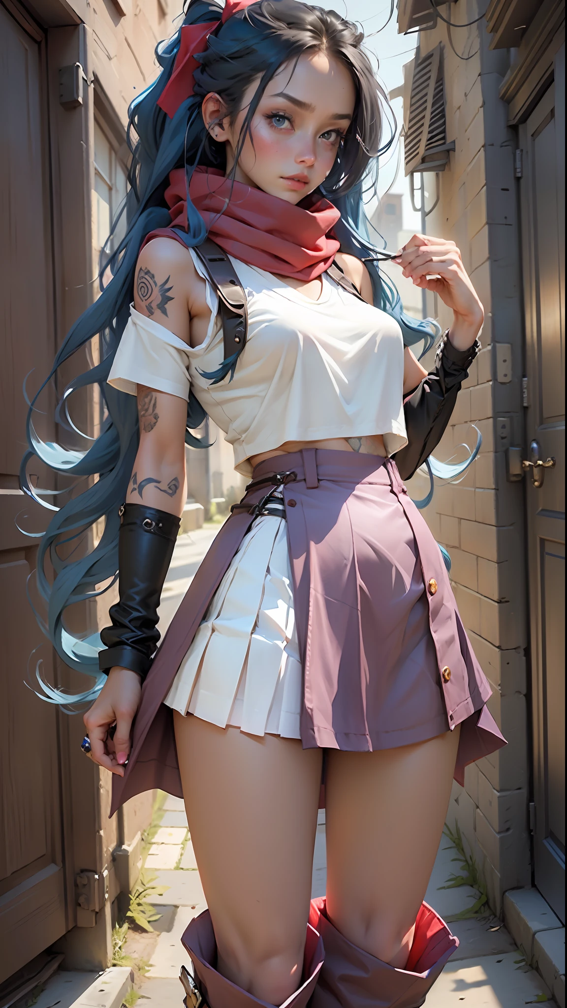 (masterpiece, best quality), 1girl, long hair, blue hair, white T-shirt, black vest, pink skirt, red scarf, tattoos, pink riding boots, stockings,