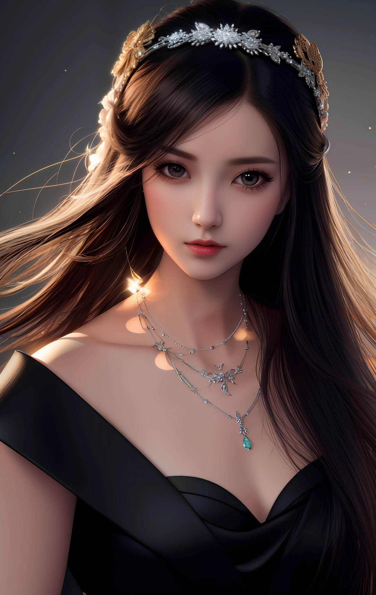 Best Quality, Masterpiece, High Resolution, 1Girl, Porcelain Dress, Hair Accessories, Necklace, Jewelry, Beautiful Face, Body, Tyndall Effect, Realism, Dark Studio, Edge Lighting, Two-tone Lighting, (High Detail Skin: 1.2), 8K UHD, DSLR, Soft Light, High Quality, Volumetric Light, Voyeur, Photo, High Resolution, 4K, 8K, Background Bokeh, Black Silk