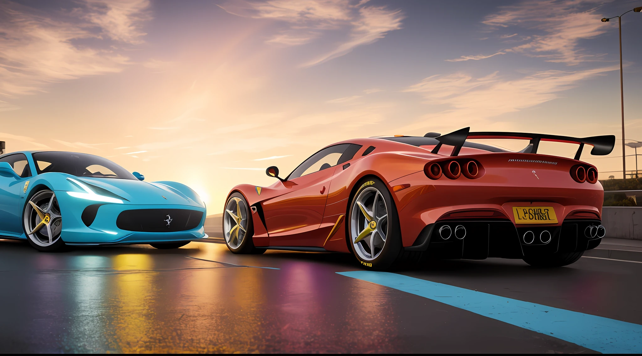 bright sunny day beautiful cloudy sky sunset, sports car like a futurist ferrari in the front of racing and others hyper cars behind in cyberpunk Miami city streets neon signs and crowds confetti debris dust wind volumetric fog exciting epic action camera, (masterpiece:1.2) (photorealistic:1.2) (bokeh) (best quality) (detailed skin) (intricate) (8k) (HDR) (cinematic lighting) (sharp focus)