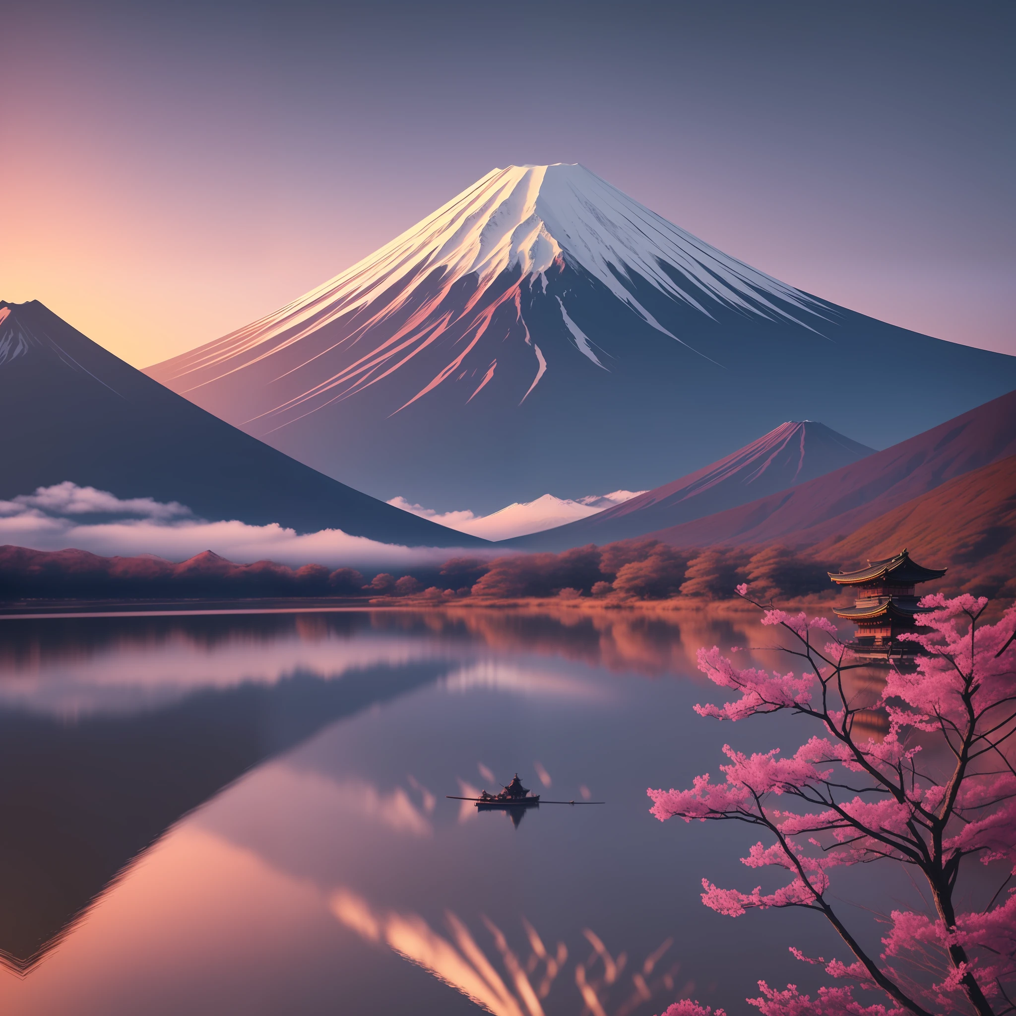 imagine Samurai with armor and sword behind Mount Fuji, dark environment, textures, reflections, depth, ultra detailed image, realistic image, cinematic scene