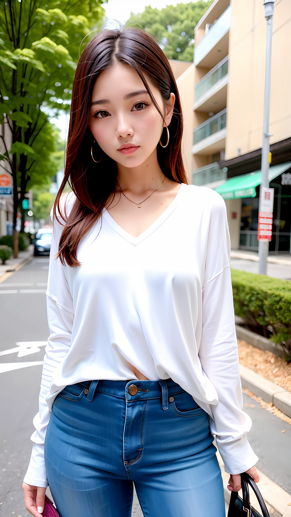 a close up of a woman standing on a street with a purse, korean girl, korean woman, beautiful south korean woman, gorgeous young korean woman, korean women's fashion model, wearing v - neck top, wearing a cute top, beautiful young korean woman, sakimichan, casual clothing style, lovely woman, taken in 2 0 2 0, jaeyeon nam