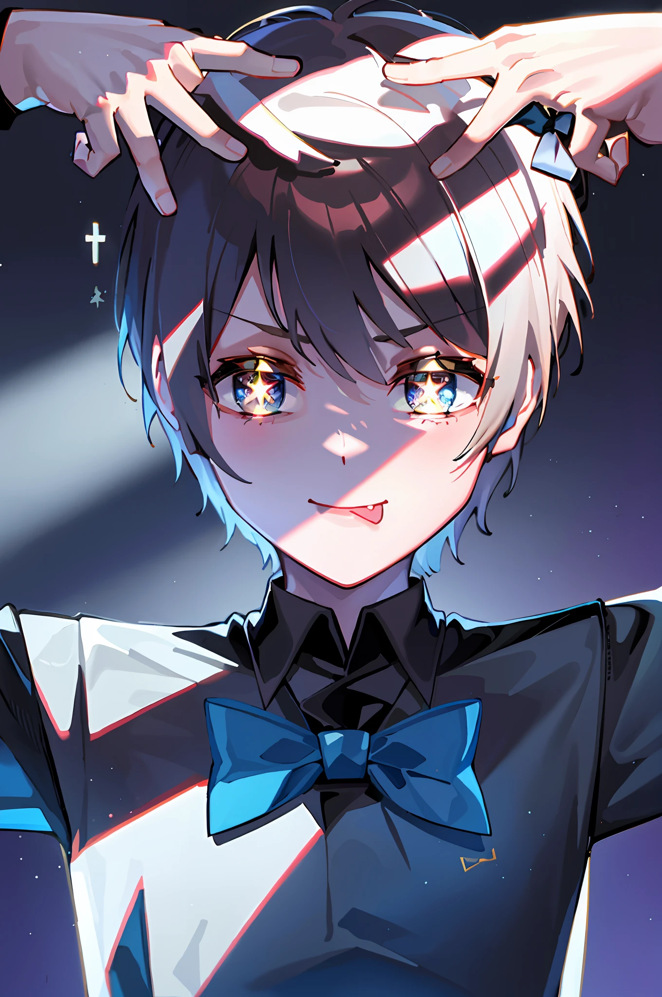 Love Pose, 1 Boy, Solo, :p, V, Black Background, Double V, Arona, 1 Boy, Hello,Brown Hair, Mashed Hair, Short Hair, Single Blade, Uniform, Blue Shirt, White Sailor Color, Long Sleeve, White Bow Tie, Black Choker, Star (Symbol), Symbol-shaped Pupil,