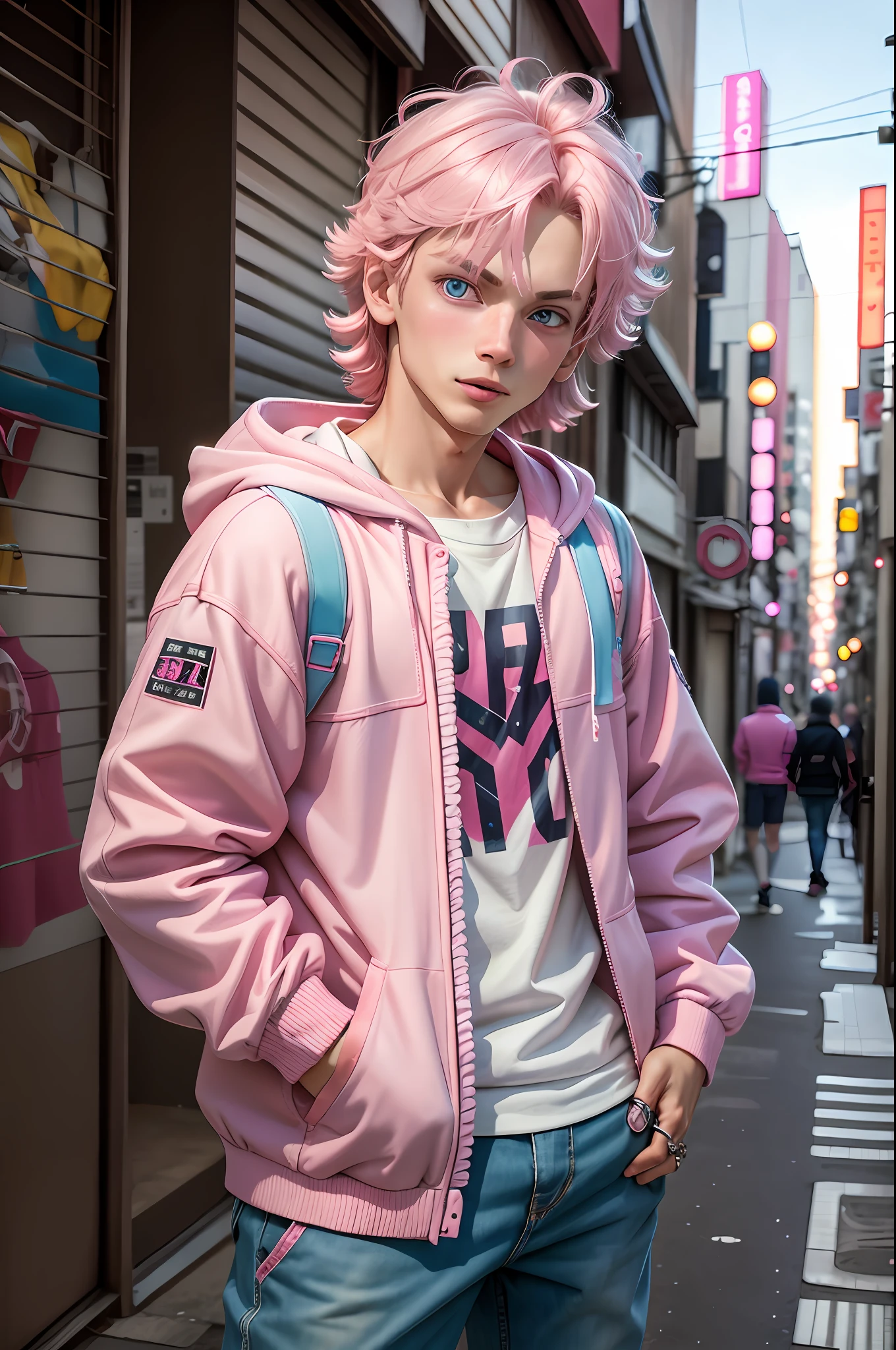 3d, 1boy, looking at viewer, cute, pink clothes, tongue out, tokyo, neons, blue eyes, mullet, finger rings, fuzzy clothes, 8k, best defenition, clothes without print, hands in pockets