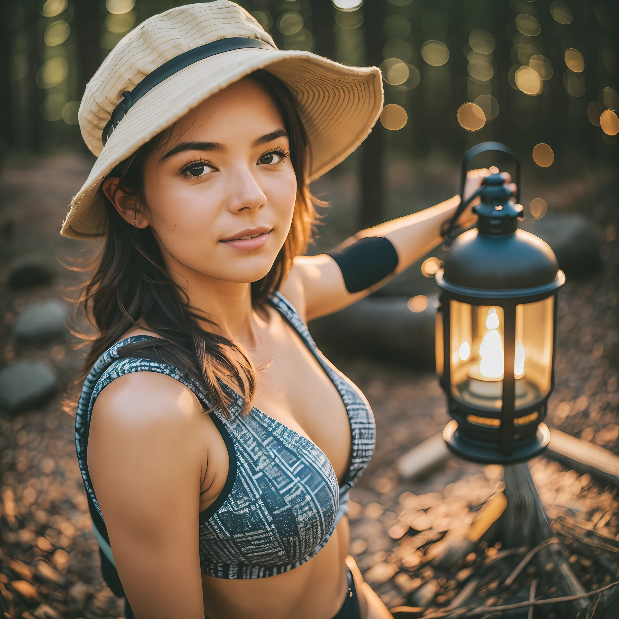 1 woman ((upper body selfie, happy)), masterpiece, best quality, ultra-detailed, solo, outdoor, (night), mountains, nature, (stars, moon) cheerful, happy, backpack, sleeping bag, camping stove, water bottle, , hat, lantern, forest, rocks, river, wood, smoke, shadows, contrast, clear sky, style, (warm hue, warm tone): 1.2), close-up, cinematic light, side lighting, ultra high resolution, best shadow, RAW, upper body, wearing short bikini,big chest and big ass --auto --s2