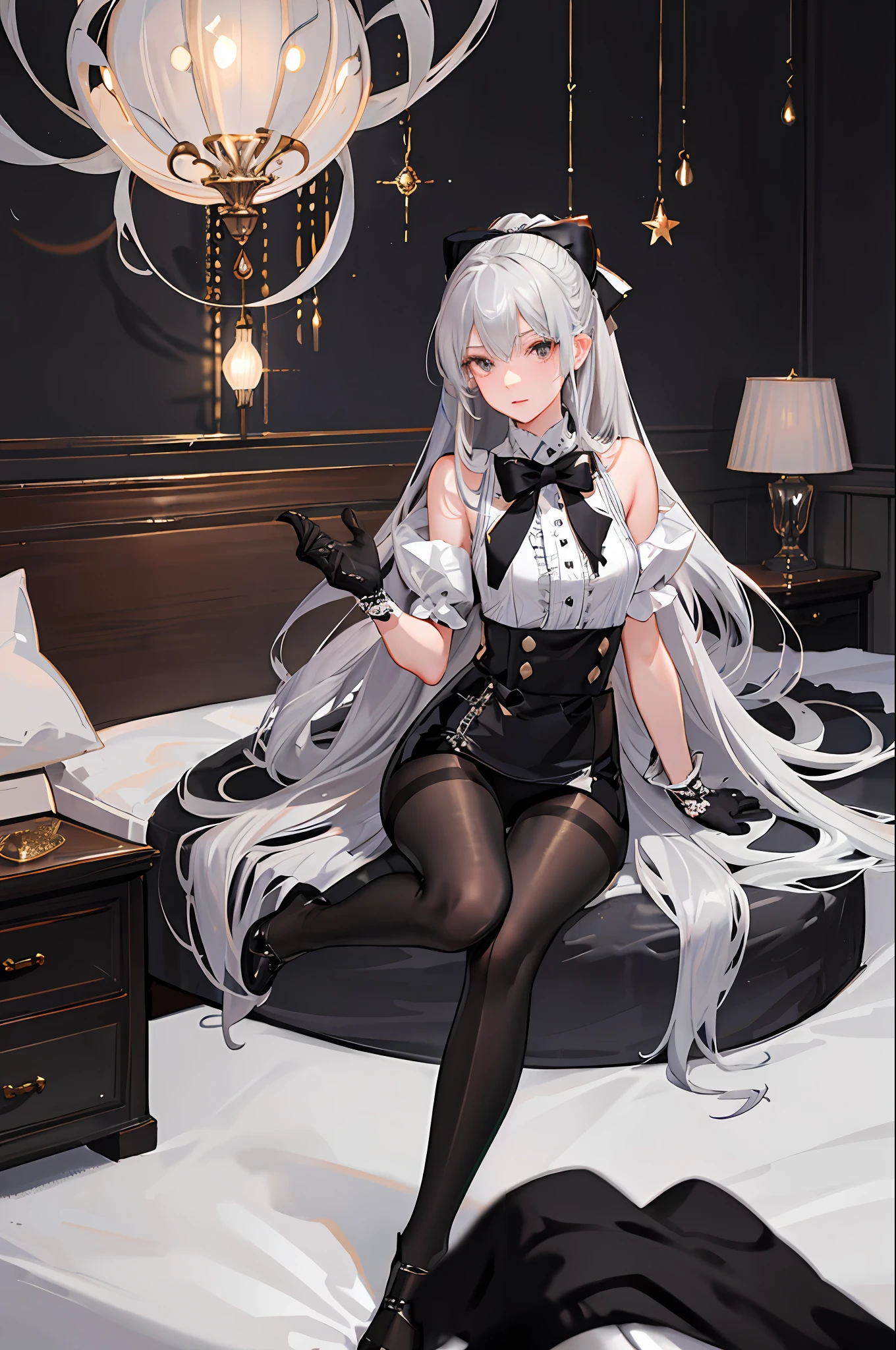 (((1 girl)),ray tracing,(dim lighting),[detailed background (bedroom)),((silver hair)),((silver hair)),(Fluffy silver hair, plump slender girl)) with high ponytail)))) Avoid blonde eyes in the ominous bedroom ((((Girl wears intricately embroidered black high-waisted pants with pantyhose) and white ruffled bow gloves), showing a delicate slim figure and graceful curves, correct limbs, sitting on the bed