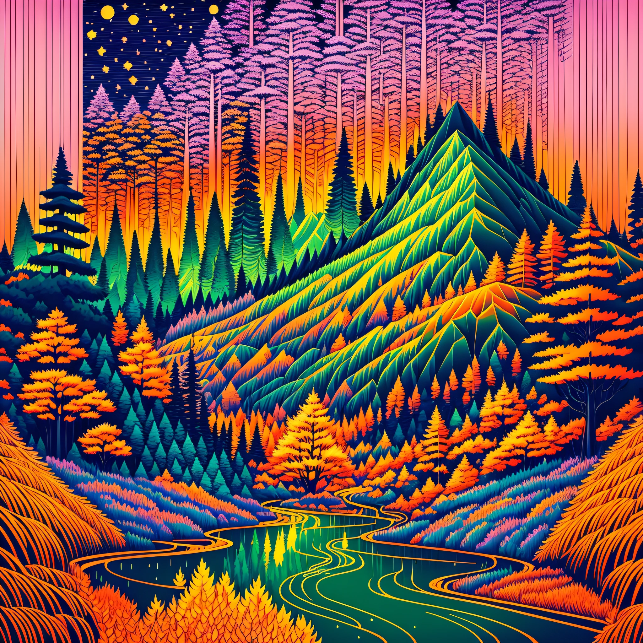 Intricate painting of a detailed japanese forest, by range murata, an aurora borealis in the background, clouds, vivid colors, high contrast, mountain scape, vector line art, orange highlights, trending in pixiv, anime concept art, awesome, matte, high quality, edge-to-edge, van gogh --auto --s2