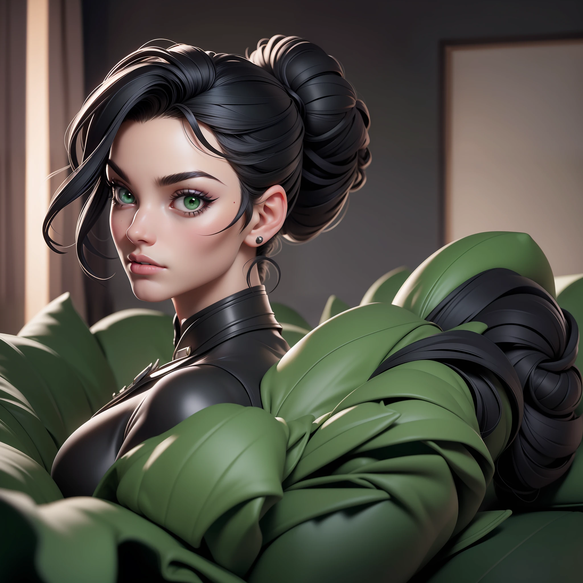 (Full Shot), Absudres, Cinematic Film, 8K, Deep Shadow and Colors, A Woman, ((Black Hair)), Green Eyes, Natural Lipstick, (Photorealistic Human Body),
Natural volumetric lights, soft luminosity,
masterpiece, Realistic woman, highly detailed ass, sharp focus, (highly detailed face), (highly detailed skin), natural skin tone, extremely detailed eyes, ((Messy Hair Bun)), ((Medium breasts)), wearing a BWHRPCostume, Gloves, Back view (sensual pose, in Boudoir armchair)
Award-winning photo, by Justin Hogan Panavision Panaflex Millennium XL2, ARRIFLEX 416. Lenses, Panavision PVintage,
rich colors realistic texture hyper realistic,