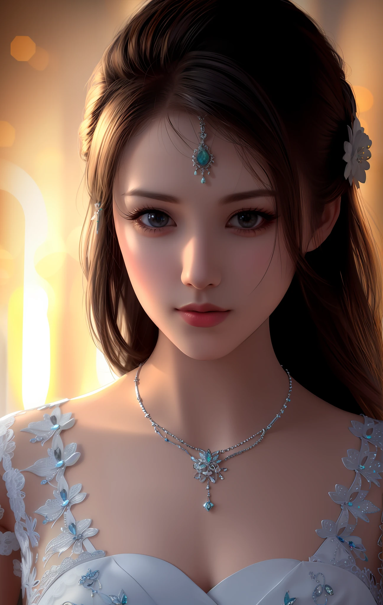 Best Quality, Masterpiece, High Resolution, 1girl, Porcelain Dress, Hair Accessories, Necklace, Jewelry, Beautiful Face, Physically, Tyndall Effect, Realistic, Dark Studio, Rim Lighting, Duotone Lighting, (High Detail Skin : 1.2), 8k uhd, dslr, soft light, high quality, volume light, candid, photo, high resolution, 4k, 8k, bokeh