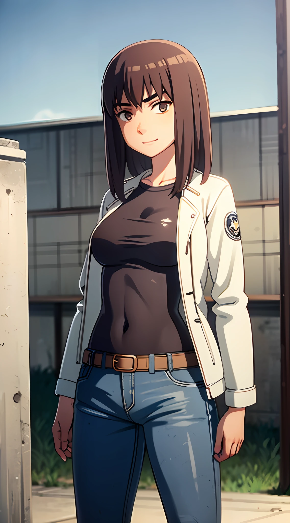 KIRUKO, 1 girl, masterpiece, solo, (best quality, perfect detailed, beautifully detailed face, detailed eyes), brown hair, pants, jacket, belt, jeans, brown eyes, day, denim, sky, open clothes, outdoors, shirt, open jacket, smile, breasts, building, medium breasts, black shirt, solo,