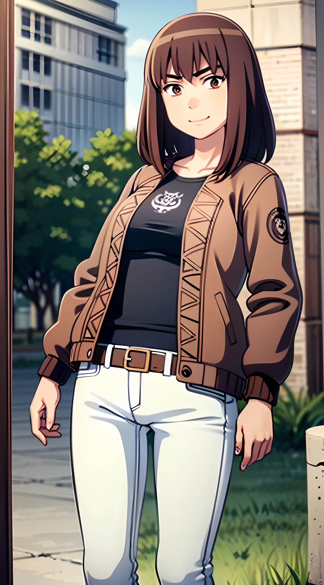 KIRUKO, 1 girl, masterpiece, solo, (best quality, perfect detailed, beautifully detailed face, detailed eyes), brown hair, pants, jacket, belt, jeans, brown eyes, day, denim, sky, open clothes, outdoors, shirt, open jacket, smile, breasts, building, medium breasts, black shirt, solo,