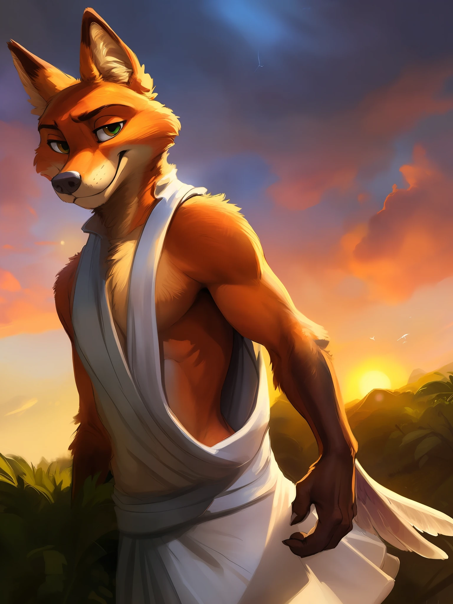 a beautiful and detailed portrait of a Nick Wilde as an angelic being, angel, muscular, strong,mighty, powerful, kenket, Ross Tran,ruan jia, trending on artstation,foxovh, cenematic lighting
sky, clouds, distant sun