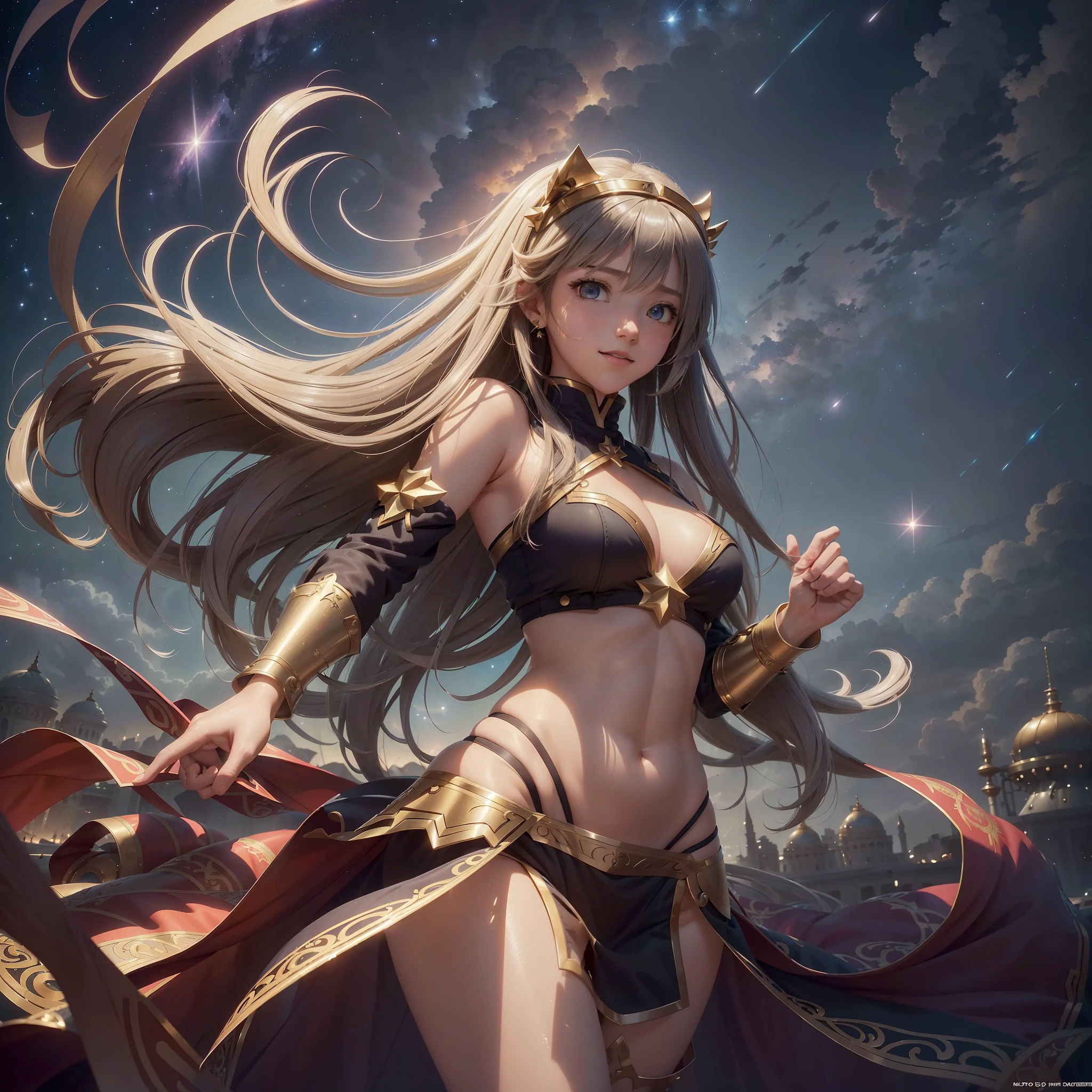 (extremely detailed CG unit 8k wallpaper: 1.5), <(masterpiece: 1.5), (best quality: 1.7), high resolution illustration, (finely detailed eyes and detailed face: 1.3), (detail: 1.3, best quality, (ultra-detailed), (an extremely delicate and beautiful), (illustration), (painting),(masterpiece: 1.5), cinematic light, dynamic angle, floating, sharp focus, (2d: 1.7), (best quality: 1.3), (illustration: 1.1),(shaggy hair: 1.2),(beautiful detailed eyes:1.1), (cinematic light:1.1), ager, (ishtar fate series),ishtar, fate series, fate, (dark hair), golden details, slightly defined belly, white clothing, ((panties show)), ((full body)), floating in space, space, flying (1girl), (1 girl), (only one person), ((full body)), light smile