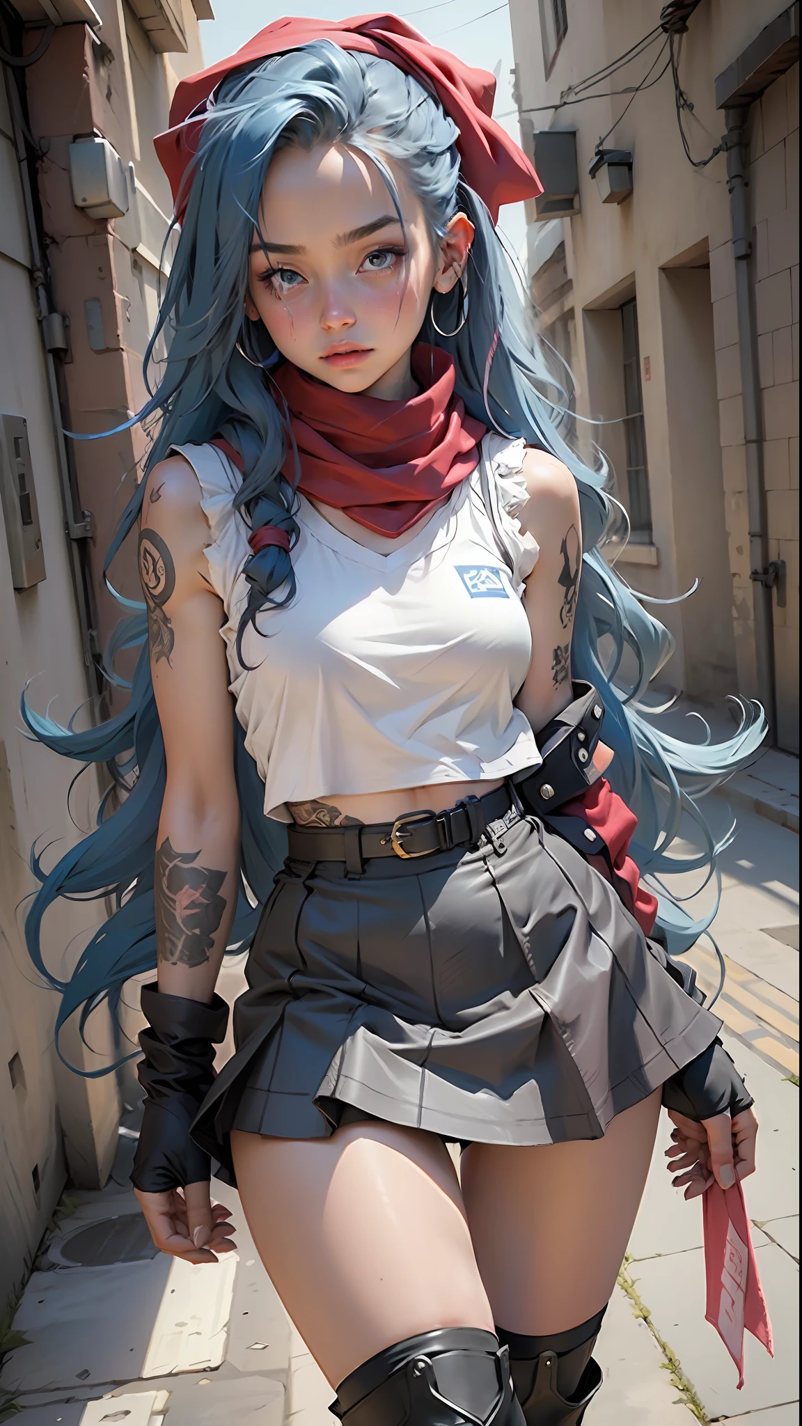 (masterpiece, best quality), 1girl, long hair, blue hair, white T-shirt, black vest, pink skirt, red scarf, tattoos, pink riding boots, stockings,