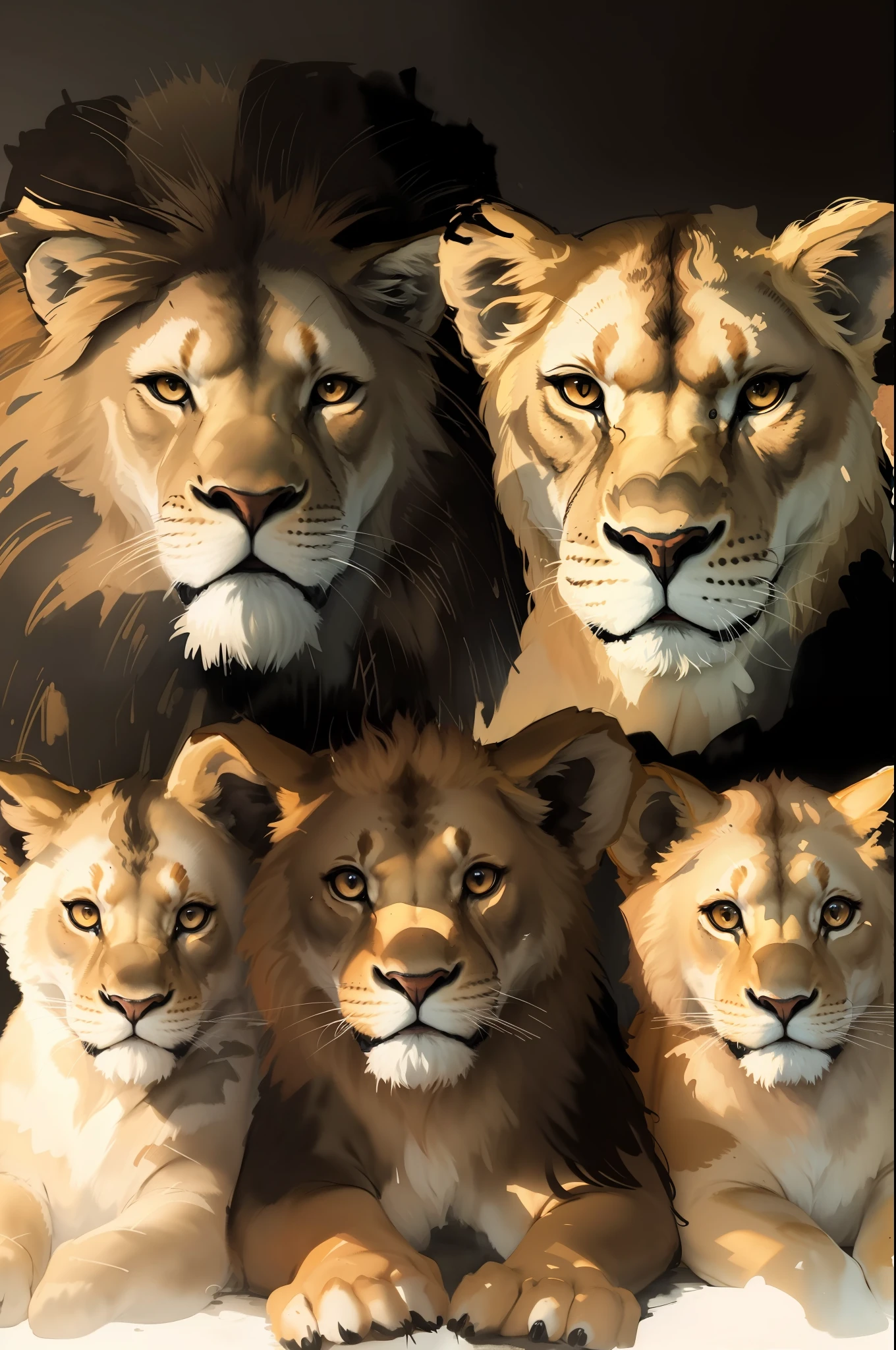 Family of lions, lion, lioness, lion cubs, watercolor, watercolor, paint splash, (((black background)))