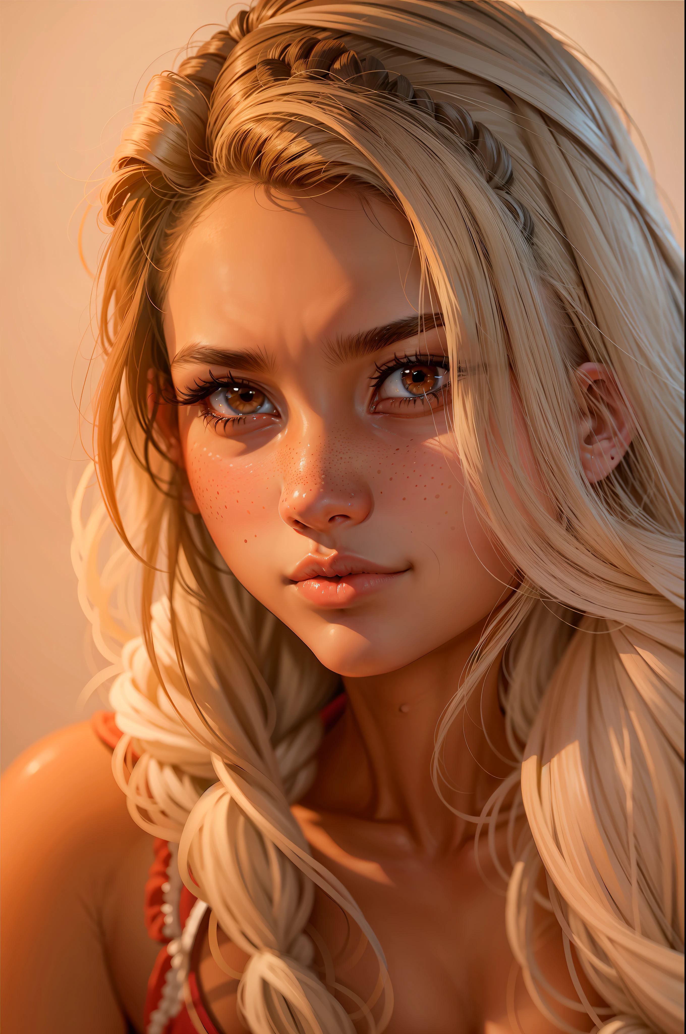 18 year old Mexican girl,(normal eyes 16k),Hair pigtails with bangs, detailed skin with freckles to cheek,small mouth fleshy lips,8k max resolution